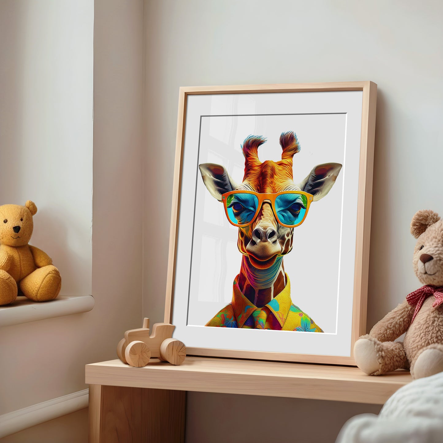 High-quality giraffe poster featuring a cool safari animal wearing sunglasses – perfect for decorating nurseries, kids rooms or stylish living rooms. Printed on premium 200 gsm semi-glossy FSC-certified paper in various sizes from A4 to A0 and 30×40 to 50×70 cm. Fits standard frames from IKEA. A fun gift idea for animal lovers and modern families. Be proud. Be kind. Be wild – by Dezinbazar.