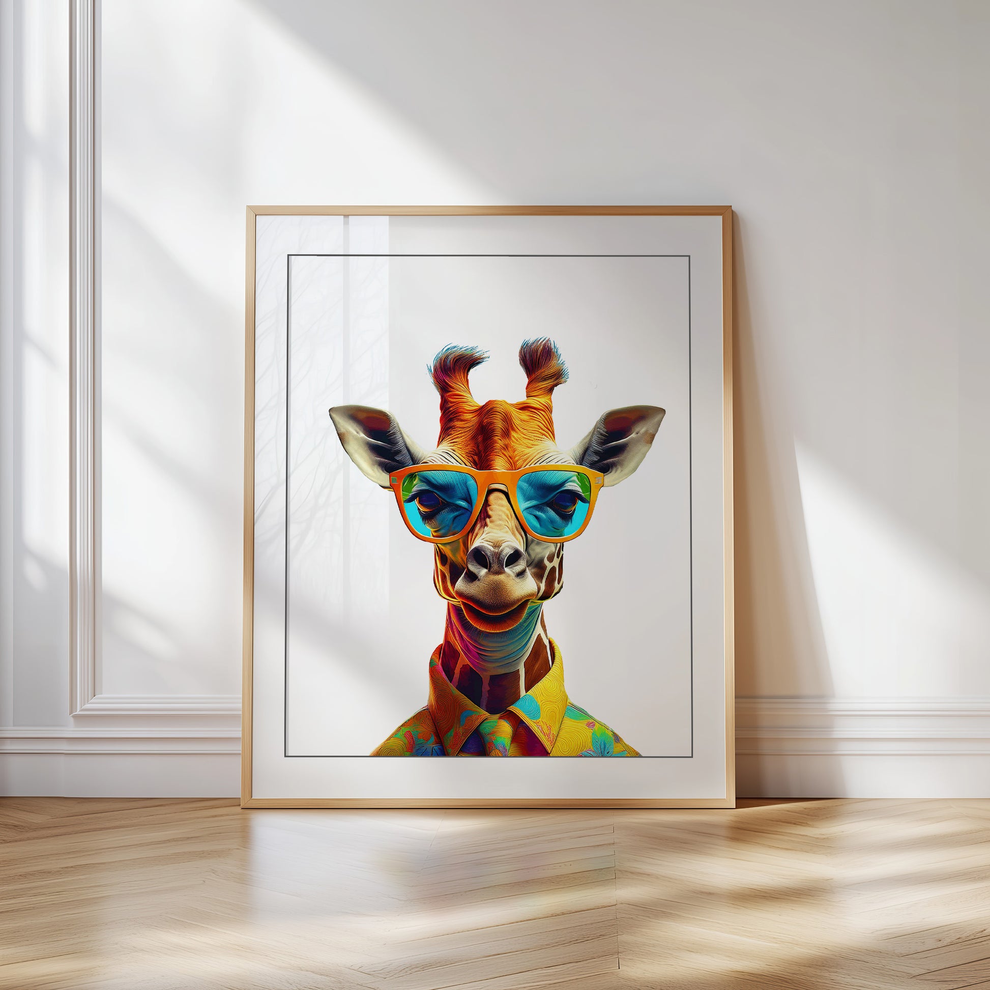 High-quality giraffe poster featuring a cool safari animal wearing sunglasses – perfect for decorating nurseries, kids rooms or stylish living rooms. Printed on premium 200 gsm semi-glossy FSC-certified paper in various sizes from A4 to A0 and 30×40 to 50×70 cm. Fits standard frames from IKEA. A fun gift idea for animal lovers and modern families. Be proud. Be kind. Be wild – by Dezinbazar.