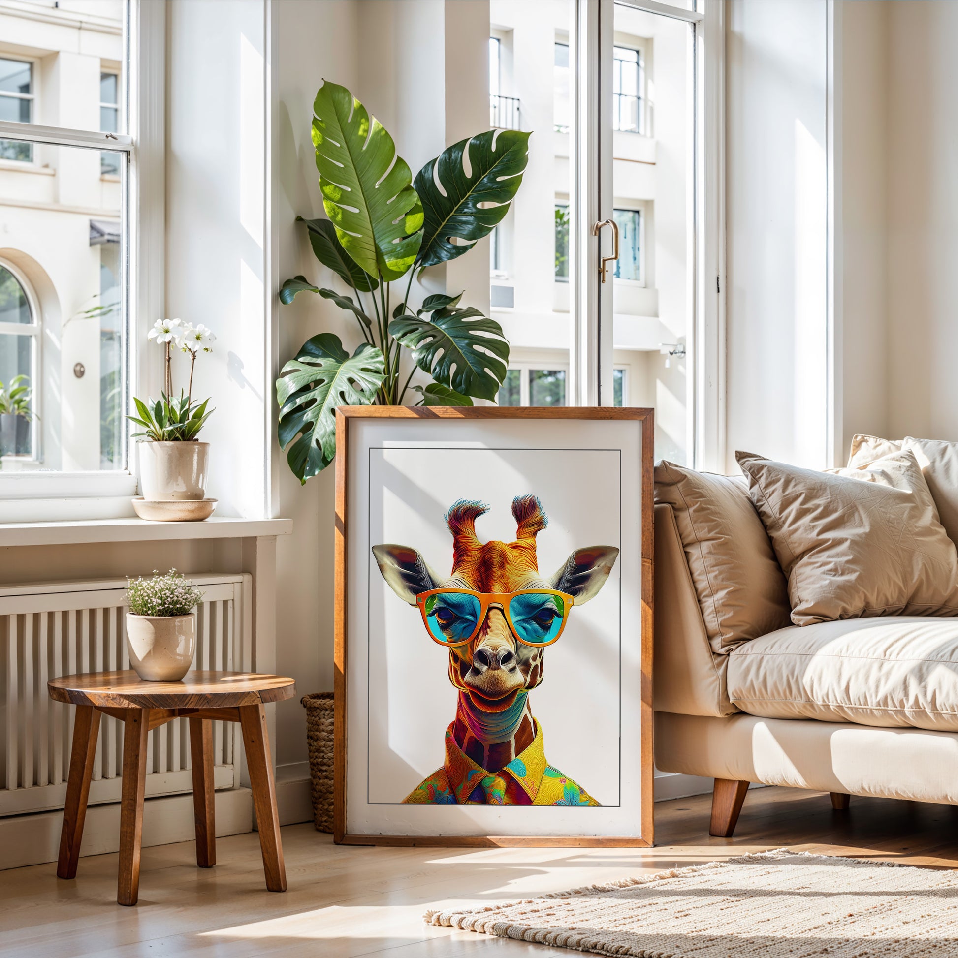 High-quality giraffe poster featuring a cool safari animal wearing sunglasses – perfect for decorating nurseries, kids rooms or stylish living rooms. Printed on premium 200 gsm semi-glossy FSC-certified paper in various sizes from A4 to A0 and 30×40 to 50×70 cm. Fits standard frames from IKEA. A fun gift idea for animal lovers and modern families. Be proud. Be kind. Be wild – by Dezinbazar.