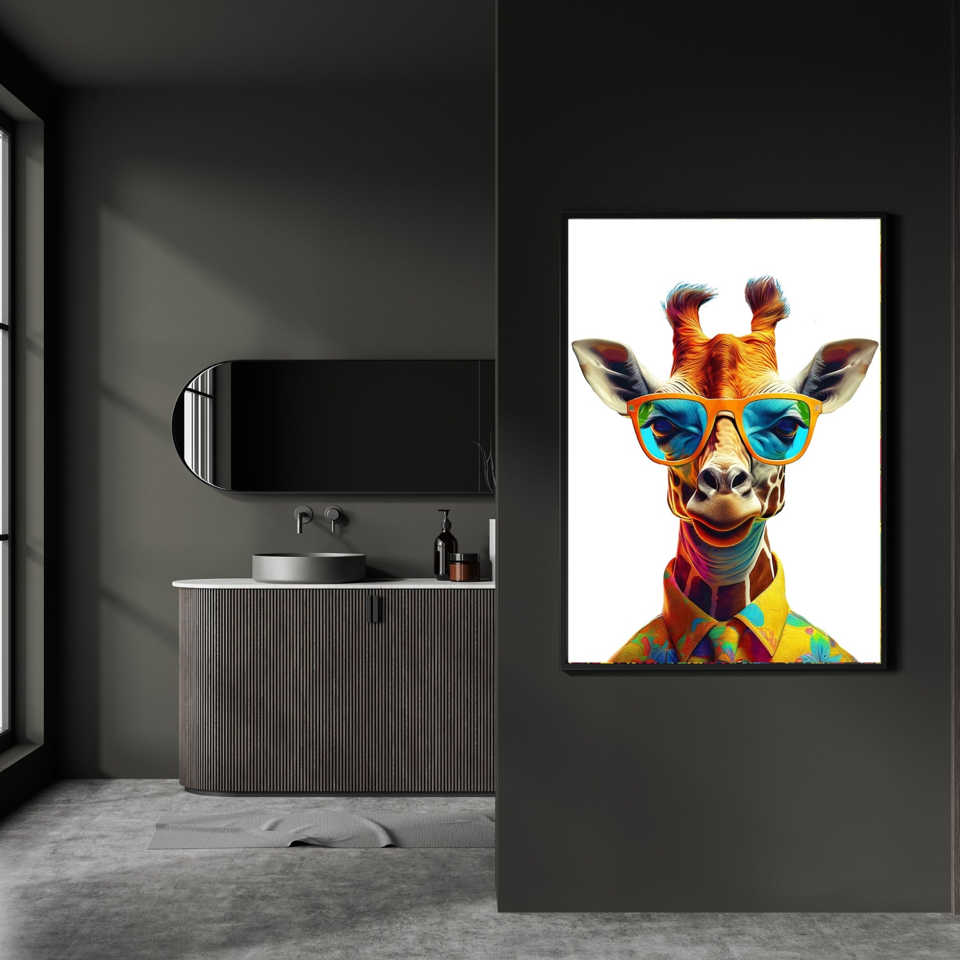 Cool giraffe wearing sunglasses – high-resolution digital print for instant download. A fun and stylish animal artwork perfect for living rooms, offices, or creative spaces. This modern giraffe design adds personality and urban flair to any wall. Great gift for art lovers, trendsetters, or animal fans. Includes 300 DPI JPEG files in multiple sizes for easy printing. No physical product or frame included.