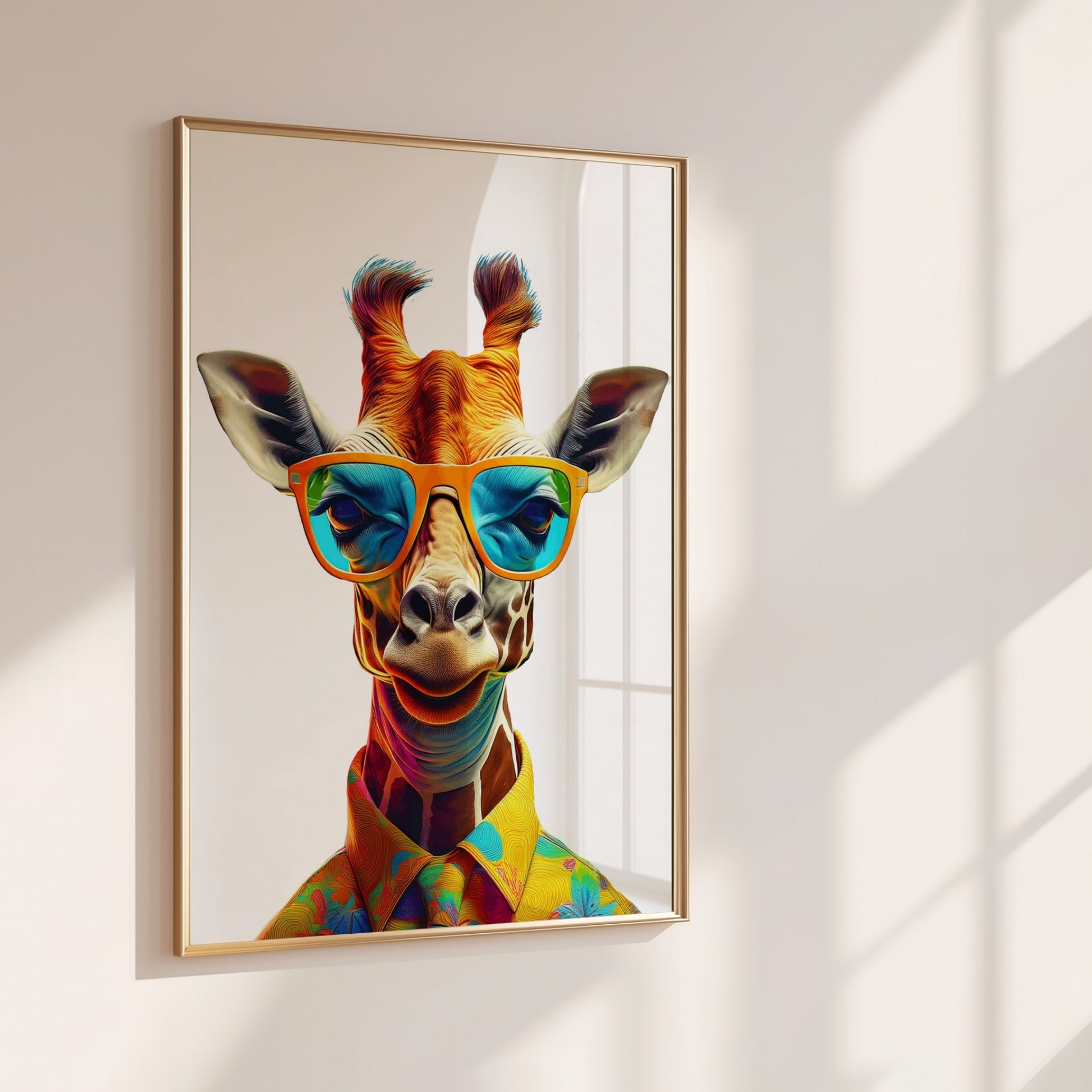 Cool giraffe wearing sunglasses – high-resolution digital print for instant download. A fun and stylish animal artwork perfect for living rooms, offices, or creative spaces. This modern giraffe design adds personality and urban flair to any wall. Great gift for art lovers, trendsetters, or animal fans. Includes 300 DPI JPEG files in multiple sizes for easy printing. No physical product or frame included.