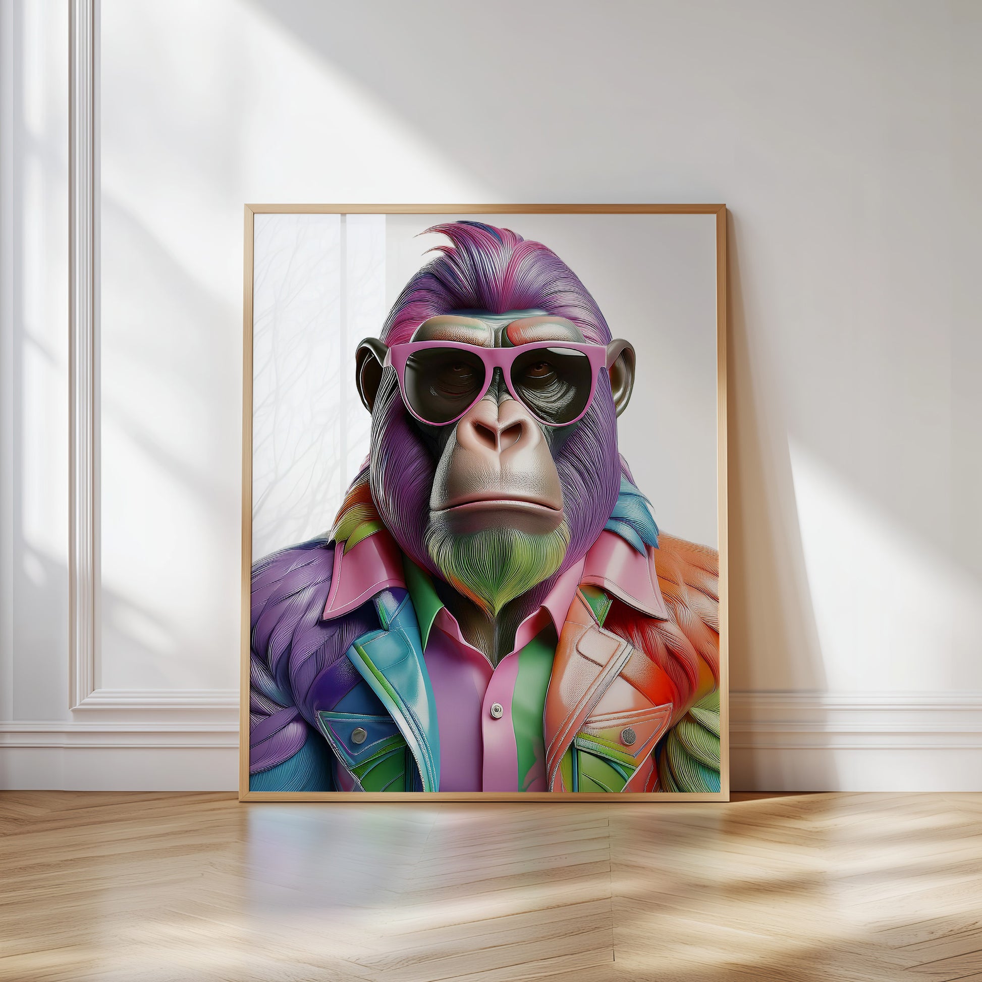 Colorful digital print of a rainbow-colored gorilla with sunglasses – bold LGBTQ+ wall art celebrating pride, queerness and individuality. Perfect for empowered, expressive spaces. High-resolution download.