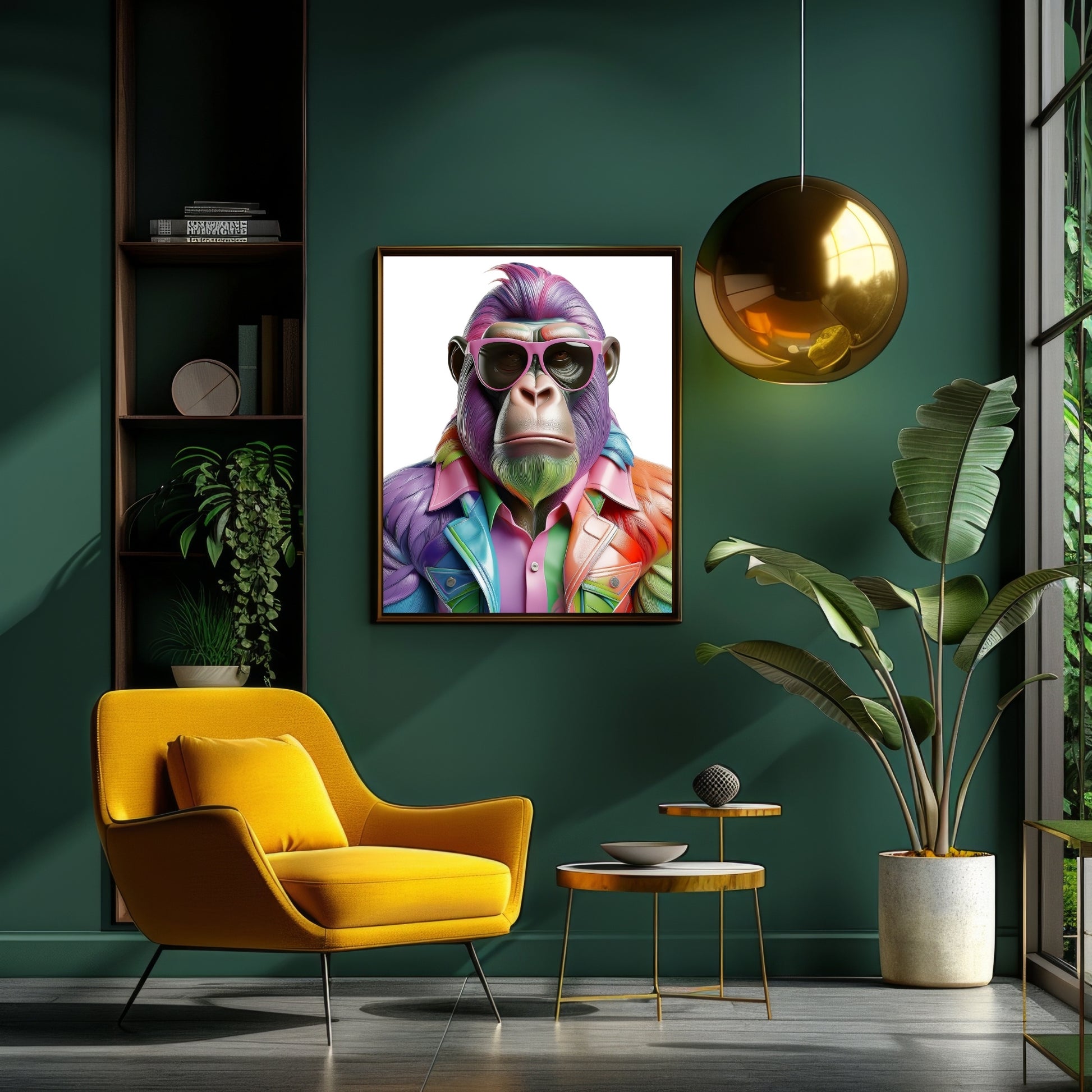 Colorful digital print of a rainbow-colored gorilla with sunglasses – bold LGBTQ+ wall art celebrating pride, queerness and individuality. Perfect for empowered, expressive spaces. High-resolution download.