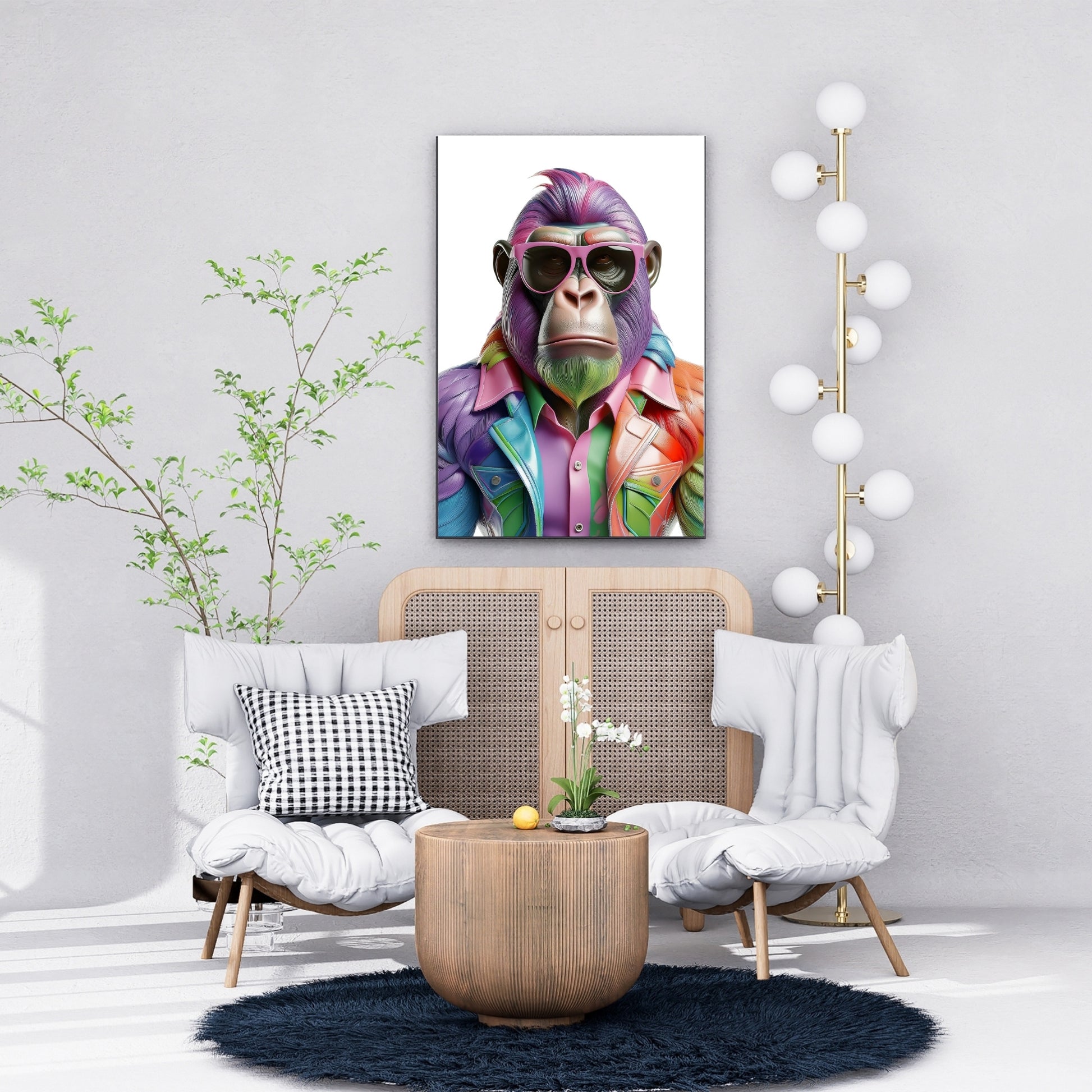 Colorful digital print of a rainbow-colored gorilla with sunglasses – bold LGBTQ+ wall art celebrating pride, queerness and individuality. Perfect for empowered, expressive spaces. High-resolution download.