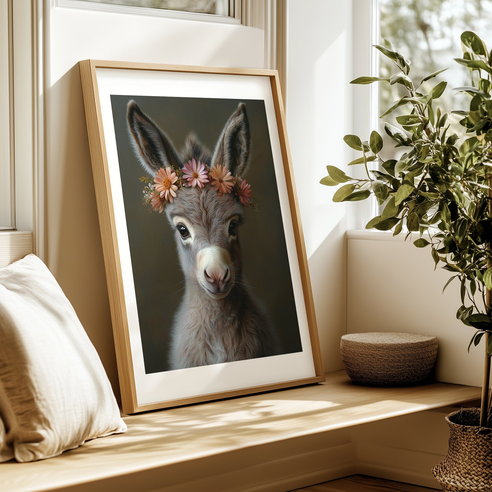 Adorable baby donkey printable wall art with a flower crown – ideal for farm-themed nursery decor or animal lovers. Includes high-resolution JPGs in various sizes. This soft, charming digital illustration brings peace and warmth to your home. A unique Dezinbazar design – perfect for baby rooms or sweet, rustic gifts.