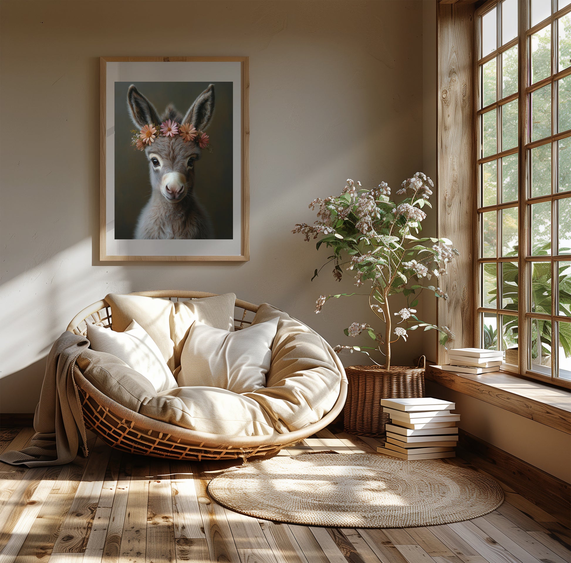 Adorable baby donkey printable wall art with a flower crown – ideal for farm-themed nursery decor or animal lovers. Includes high-resolution JPGs in various sizes. This soft, charming digital illustration brings peace and warmth to your home. A unique Dezinbazar design – perfect for baby rooms or sweet, rustic gifts.