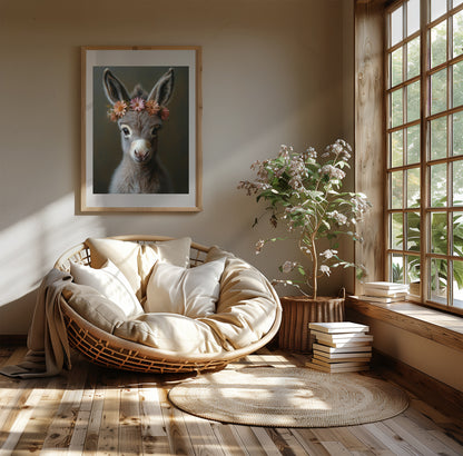 Adorable baby donkey printable wall art with a flower crown – ideal for farm-themed nursery decor or animal lovers. Includes high-resolution JPGs in various sizes. This soft, charming digital illustration brings peace and warmth to your home. A unique Dezinbazar design – perfect for baby rooms or sweet, rustic gifts.