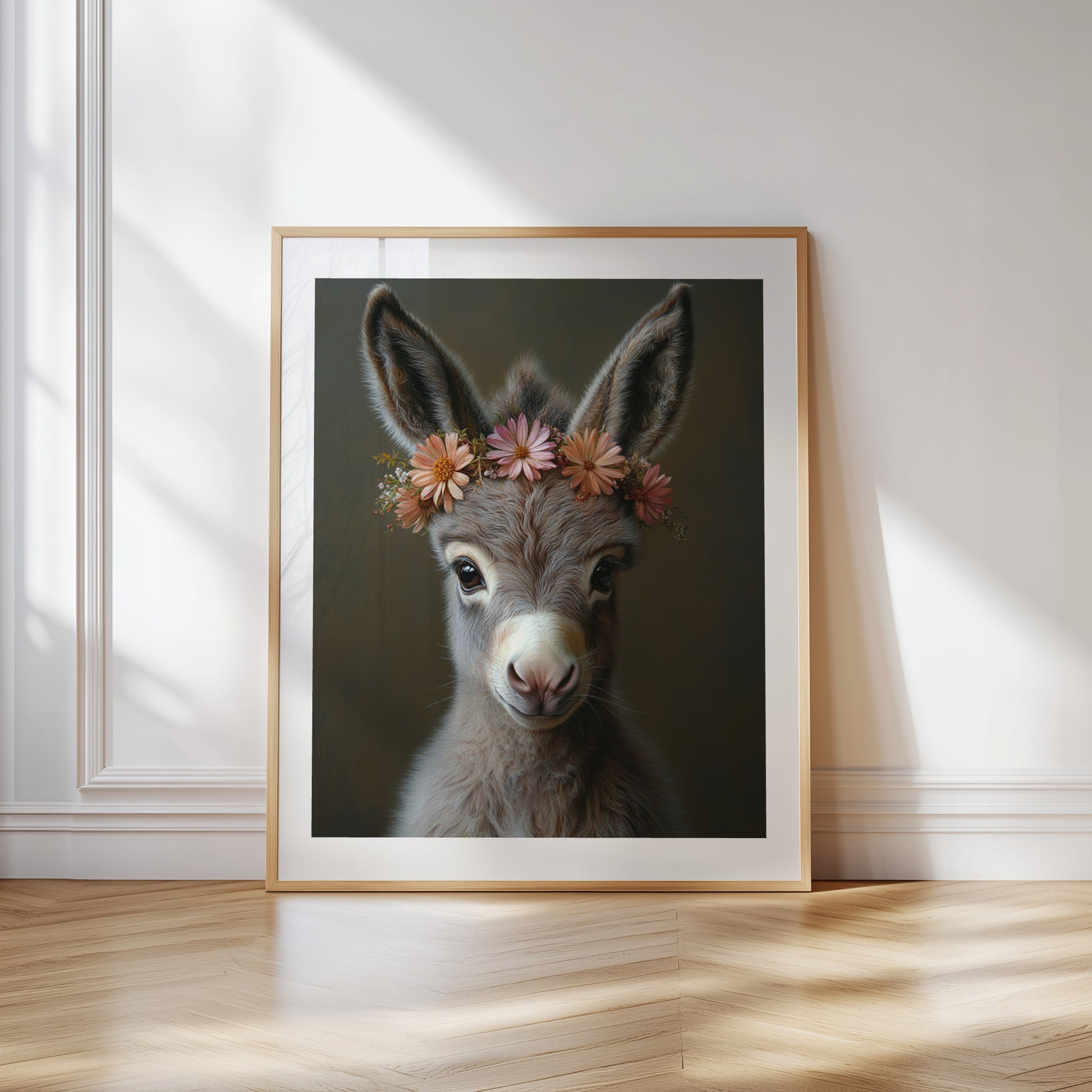 Adorable baby donkey printable wall art with a flower crown – ideal for farm-themed nursery decor or animal lovers. Includes high-resolution JPGs in various sizes. This soft, charming digital illustration brings peace and warmth to your home. A unique Dezinbazar design – perfect for baby rooms or sweet, rustic gifts.