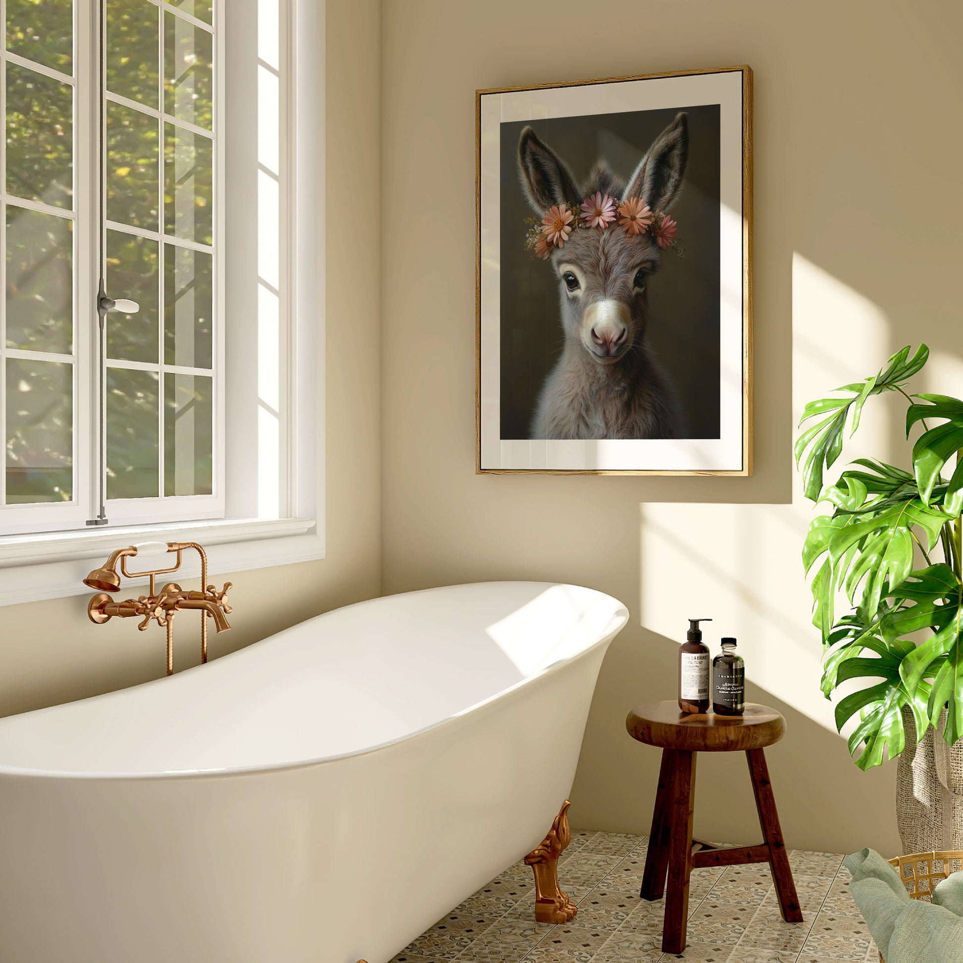 Adorable baby donkey printable wall art with a flower crown – ideal for farm-themed nursery decor or animal lovers. Includes high-resolution JPGs in various sizes. This soft, charming digital illustration brings peace and warmth to your home. A unique Dezinbazar design – perfect for baby rooms or sweet, rustic gifts.