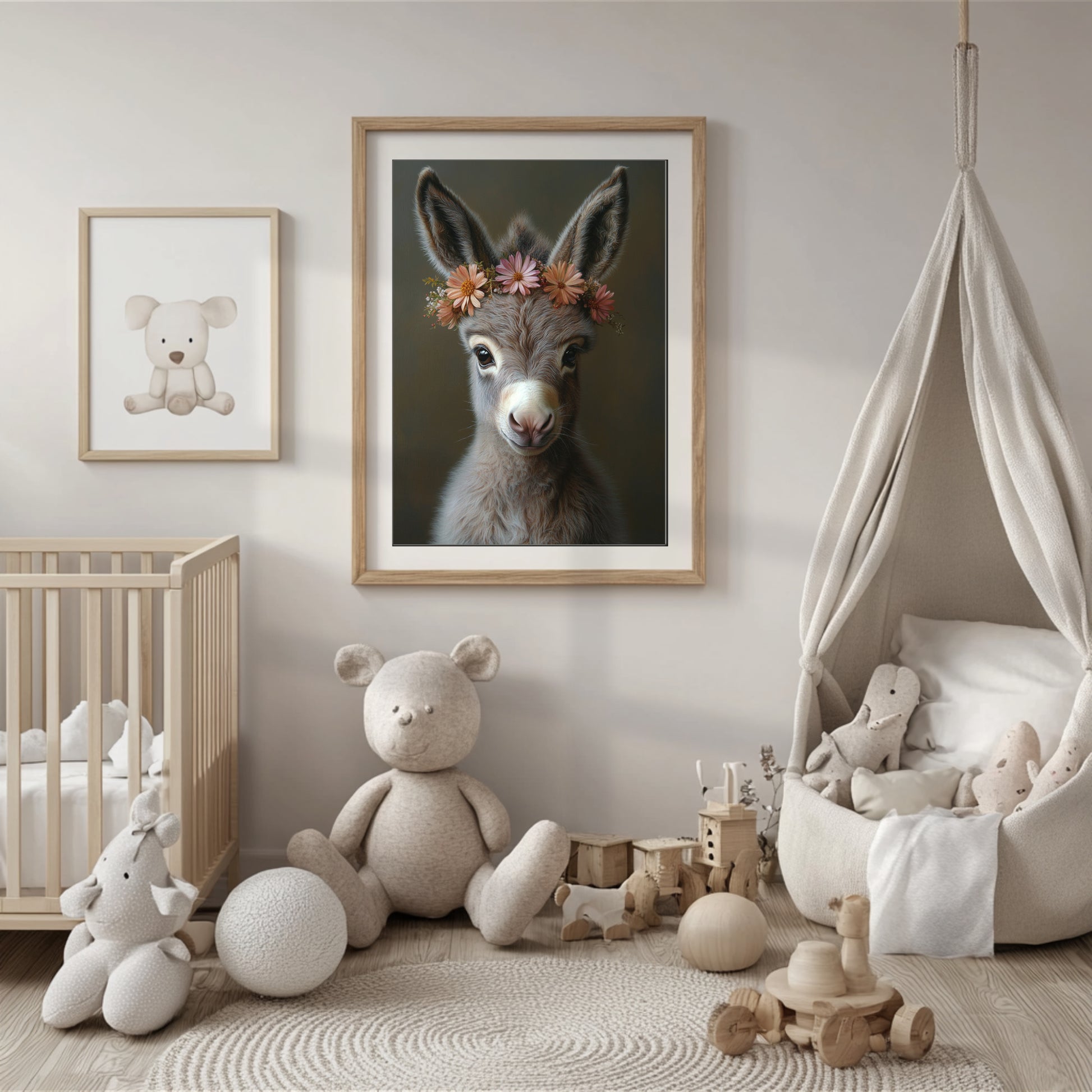 Adorable baby donkey printable wall art with a flower crown – ideal for farm-themed nursery decor or animal lovers. Includes high-resolution JPGs in various sizes. This soft, charming digital illustration brings peace and warmth to your home. A unique Dezinbazar design – perfect for baby rooms or sweet, rustic gifts.