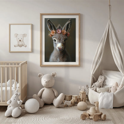 Adorable baby donkey printable wall art with a flower crown – ideal for farm-themed nursery decor or animal lovers. Includes high-resolution JPGs in various sizes. This soft, charming digital illustration brings peace and warmth to your home. A unique Dezinbazar design – perfect for baby rooms or sweet, rustic gifts.