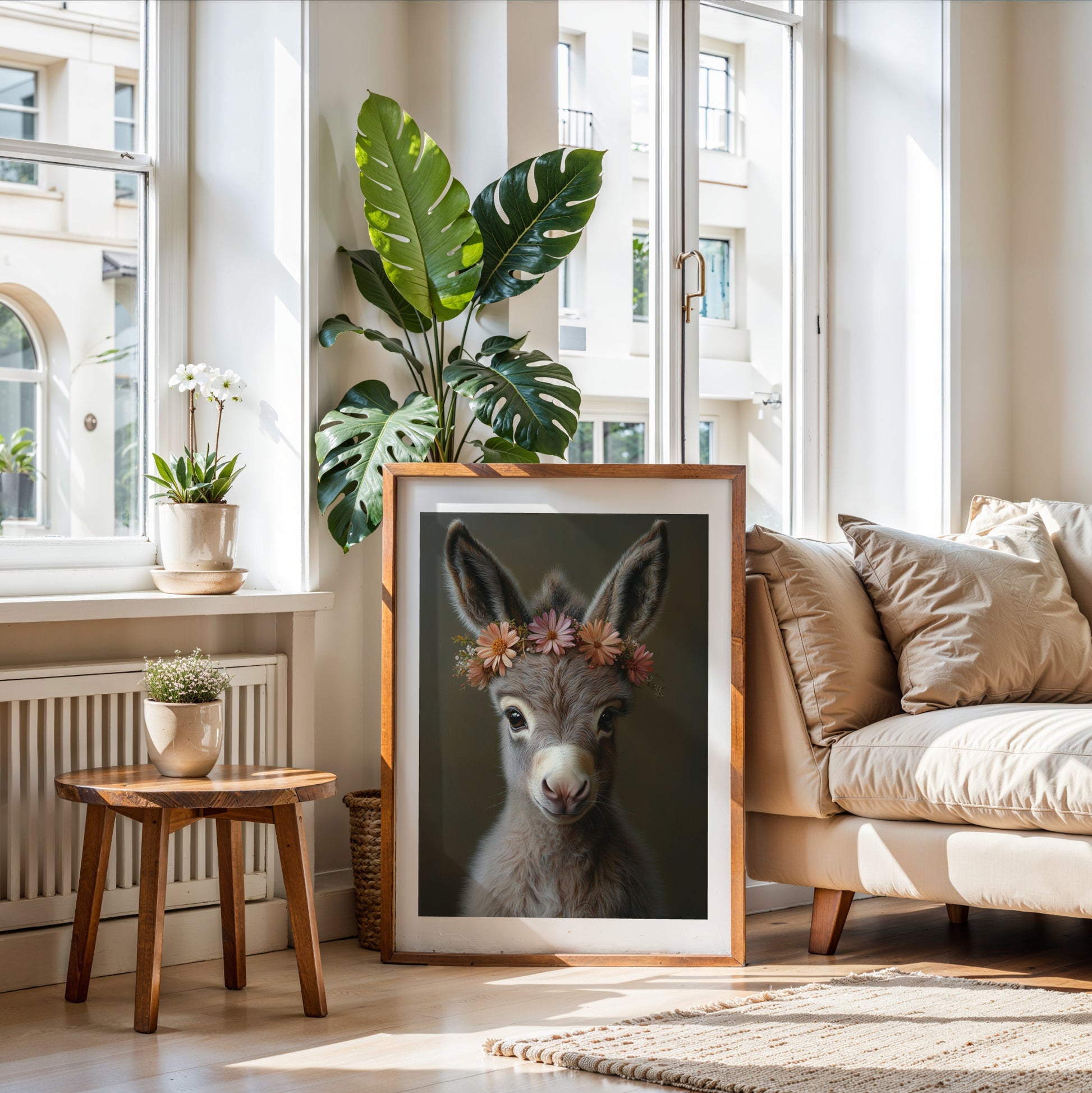 Adorable baby donkey printable wall art with a flower crown – ideal for farm-themed nursery decor or animal lovers. Includes high-resolution JPGs in various sizes. This soft, charming digital illustration brings peace and warmth to your home. A unique Dezinbazar design – perfect for baby rooms or sweet, rustic gifts.