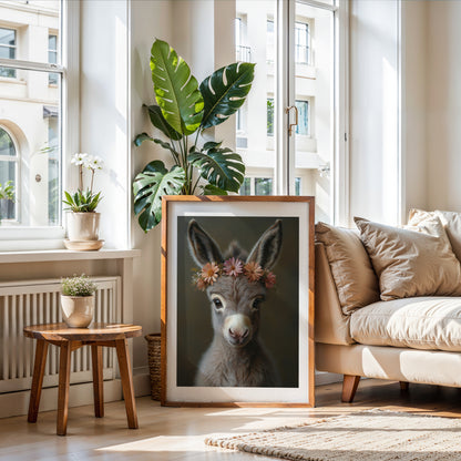 Adorable baby donkey printable wall art with a flower crown – ideal for farm-themed nursery decor or animal lovers. Includes high-resolution JPGs in various sizes. This soft, charming digital illustration brings peace and warmth to your home. A unique Dezinbazar design – perfect for baby rooms or sweet, rustic gifts.