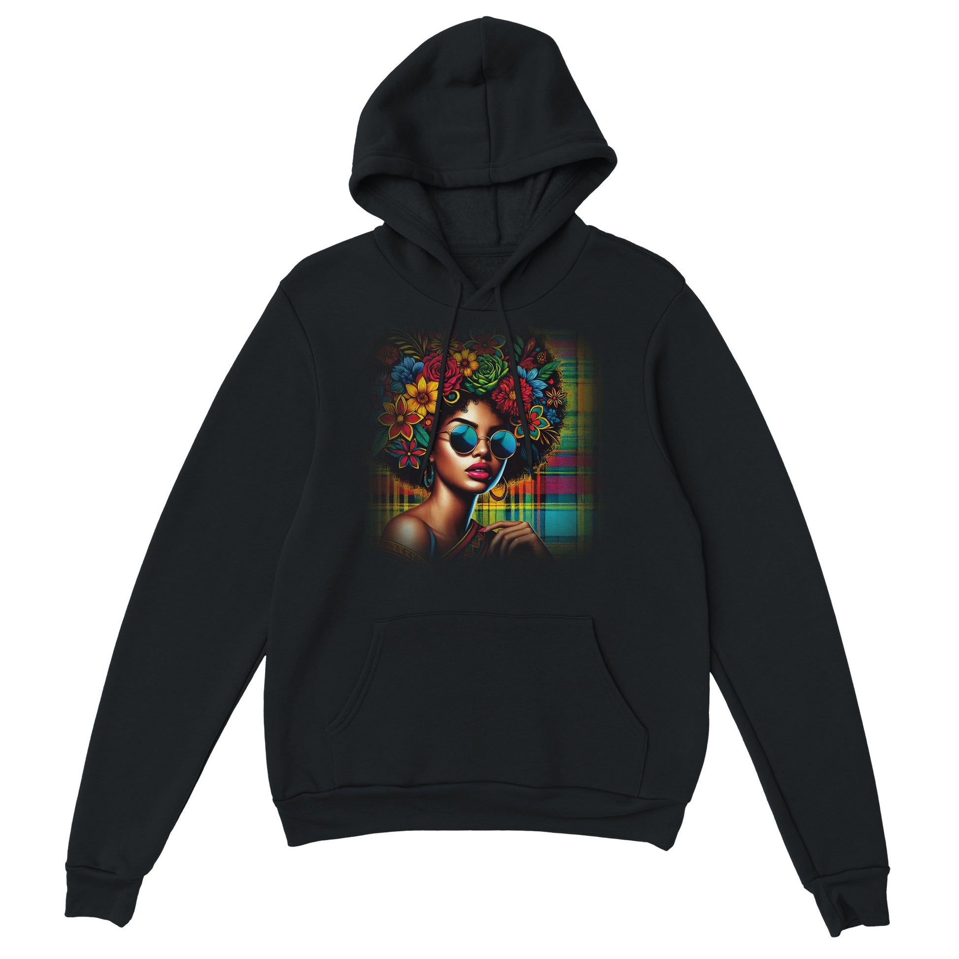 Guadeloupe Madras Afro Hoodie schwarz Mockup