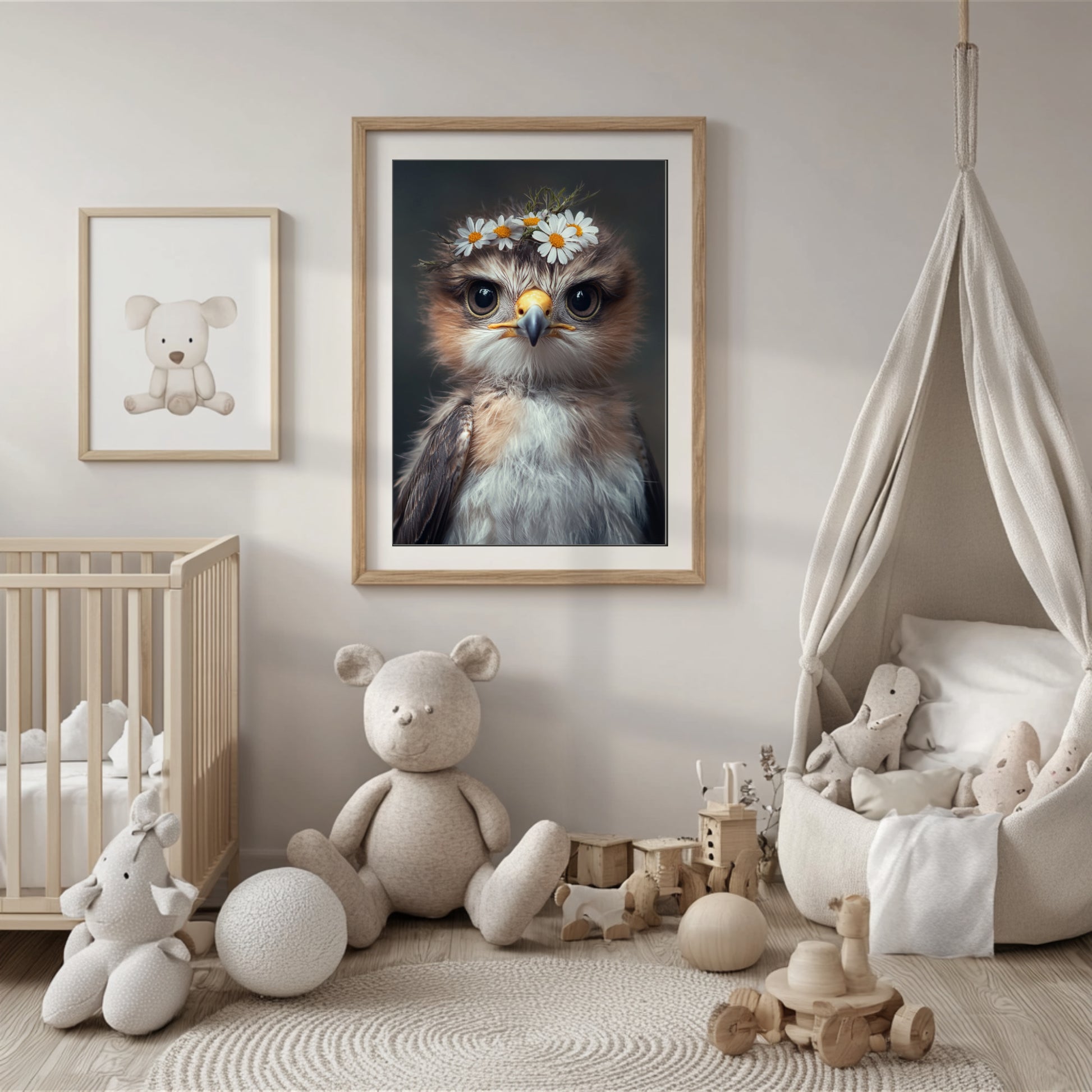 Majestic hawk with a delicate flower crown – printable digital wall art perfect for woodland nursery decor or baby room. Ideal gift for expecting moms. High-resolution JPGs in multiple sizes. A Dezinbazar original.
