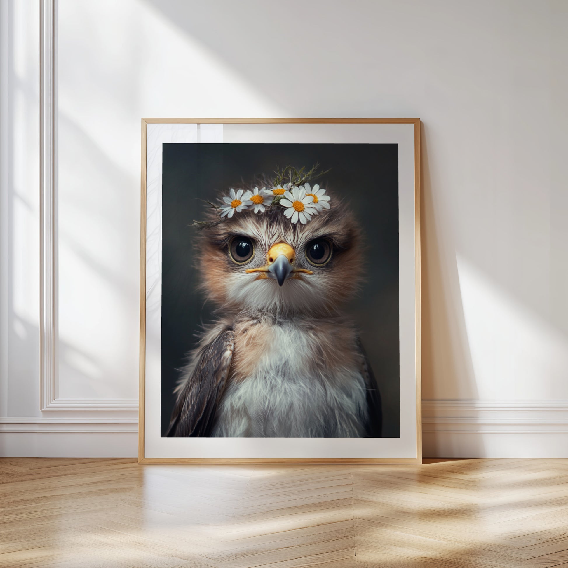 Majestic hawk with a delicate flower crown – printable digital wall art perfect for woodland nursery decor or baby room. Ideal gift for expecting moms. High-resolution JPGs in multiple sizes. A Dezinbazar original.