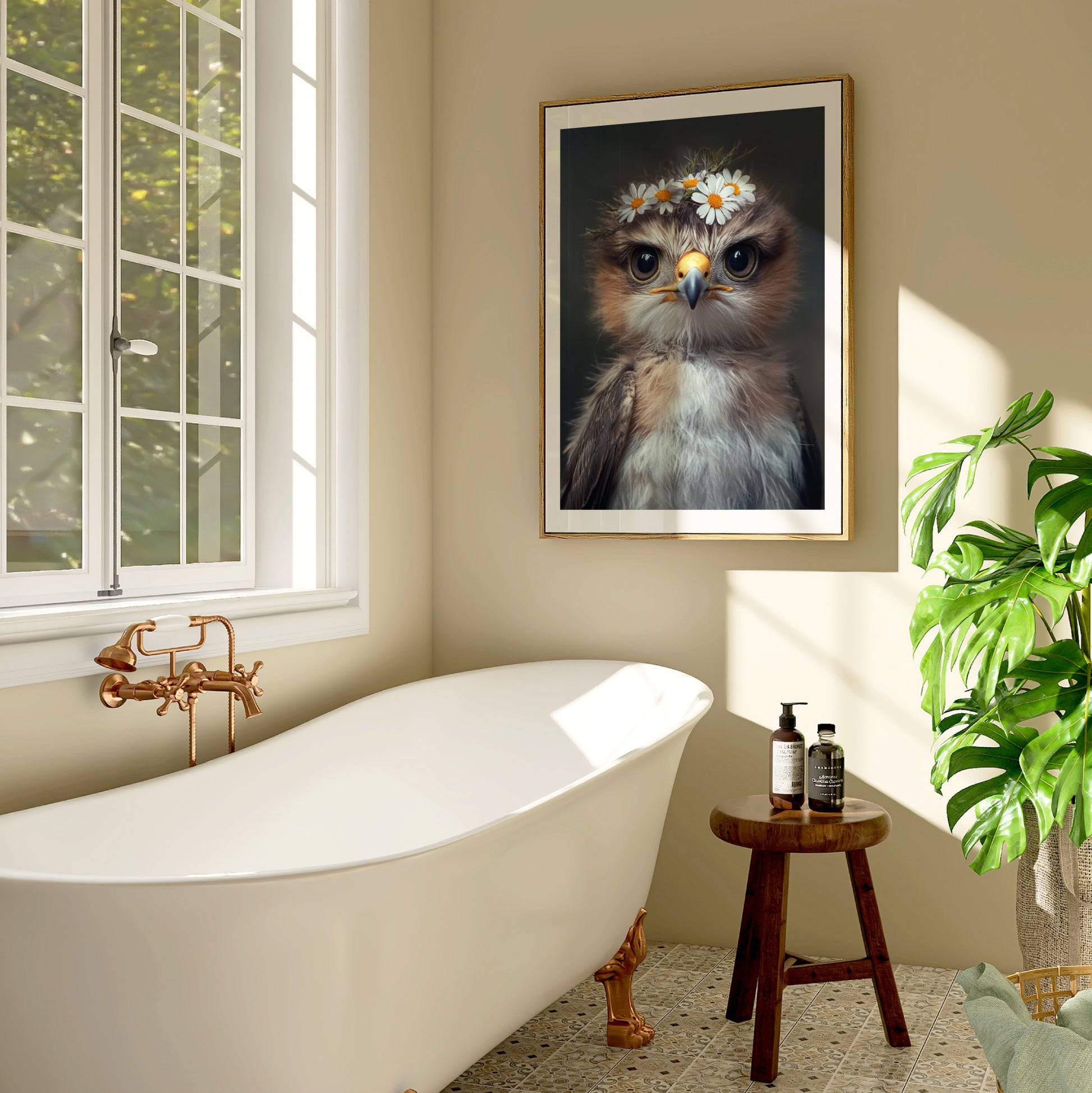 Majestic hawk with a delicate flower crown – printable digital wall art perfect for woodland nursery decor or baby room. Ideal gift for expecting moms. High-resolution JPGs in multiple sizes. A Dezinbazar original.