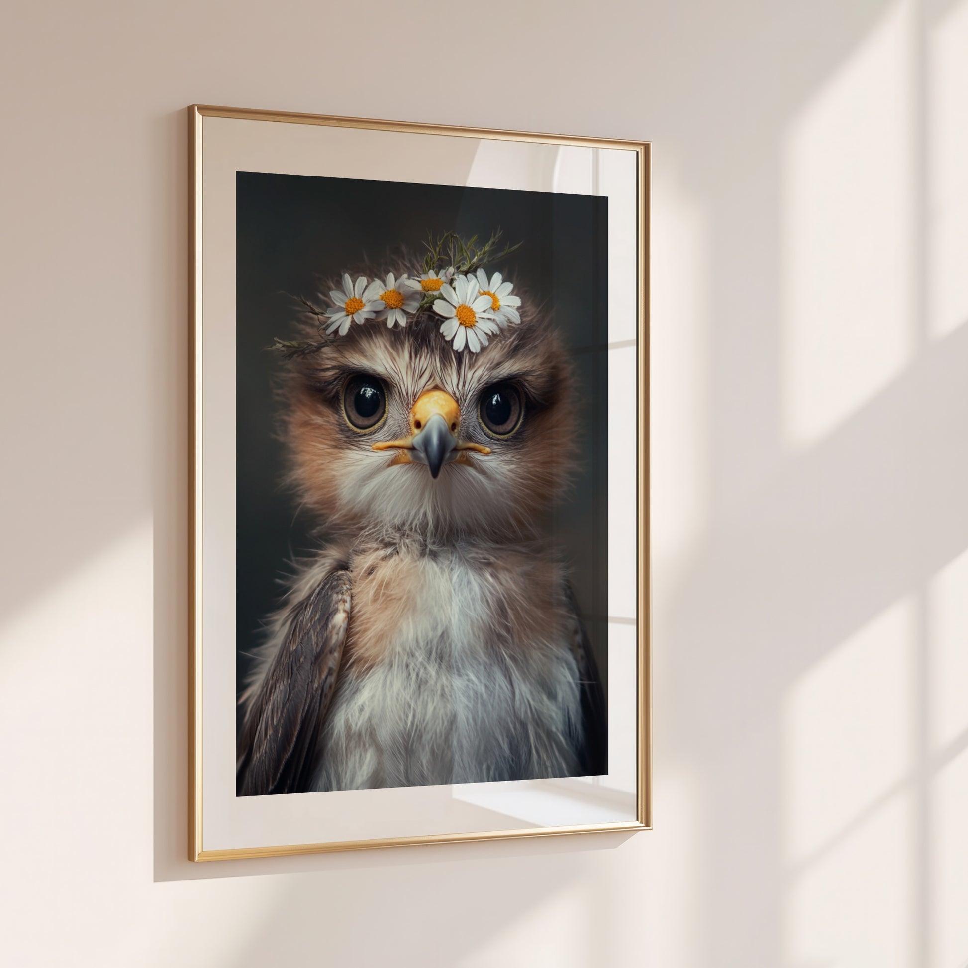 Majestic hawk with a delicate flower crown – printable digital wall art perfect for woodland nursery decor or baby room. Ideal gift for expecting moms. High-resolution JPGs in multiple sizes. A Dezinbazar original.