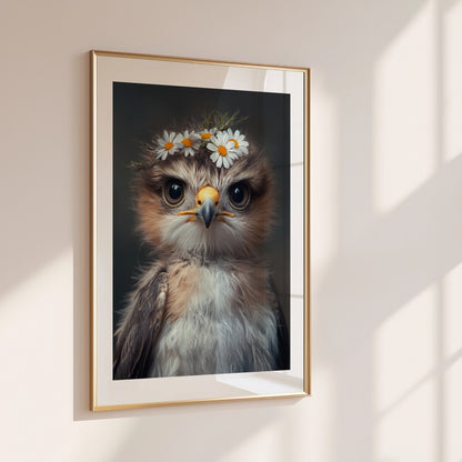 Majestic hawk with a delicate flower crown – printable digital wall art perfect for woodland nursery decor or baby room. Ideal gift for expecting moms. High-resolution JPGs in multiple sizes. A Dezinbazar original.