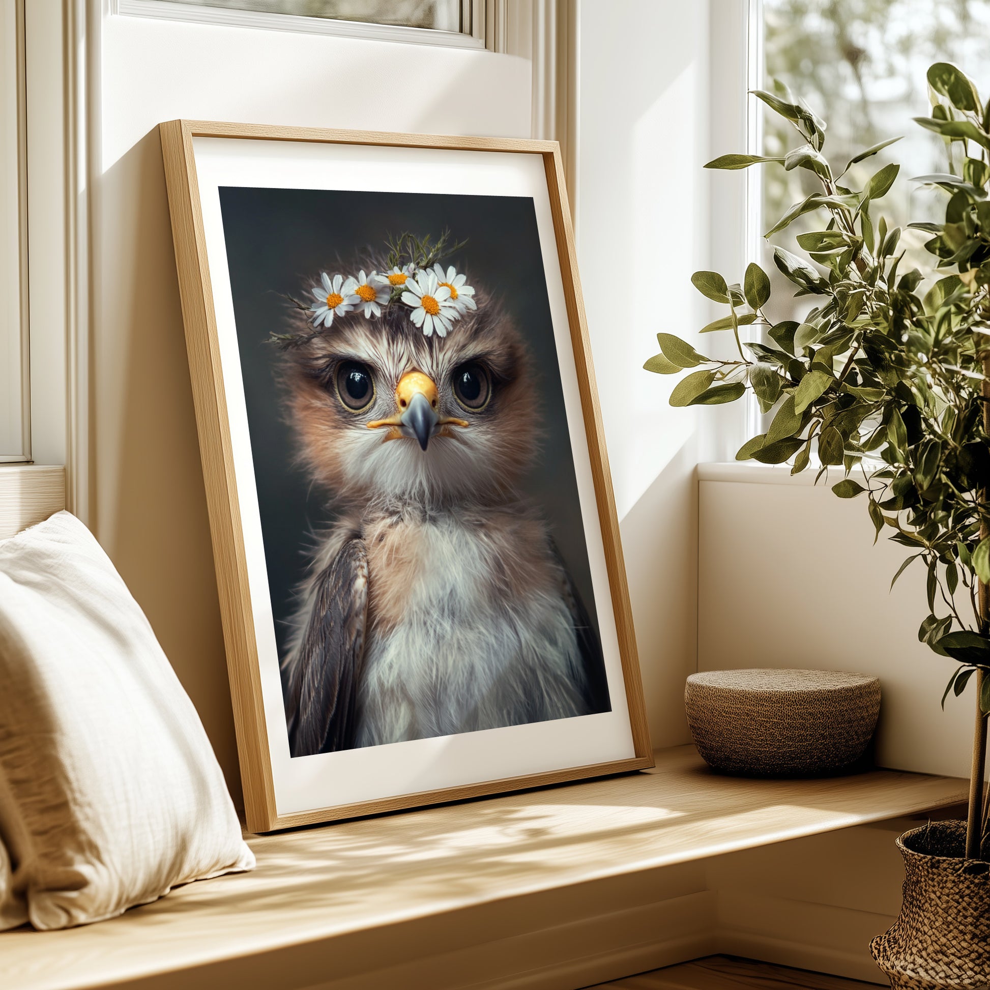 Majestic hawk with a delicate flower crown – printable digital wall art perfect for woodland nursery decor or baby room. Ideal gift for expecting moms. High-resolution JPGs in multiple sizes. A Dezinbazar original.