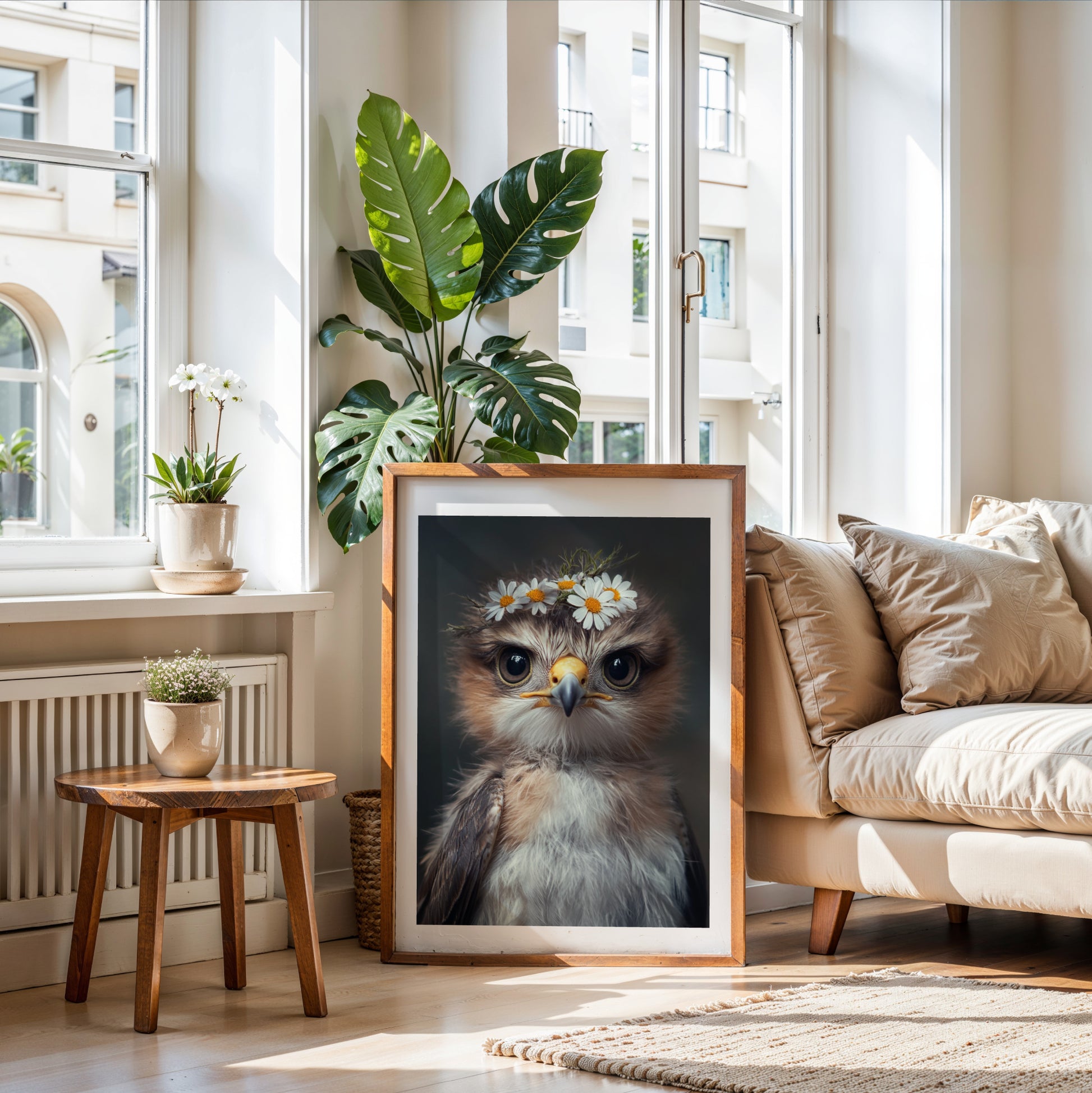 Majestic hawk with a delicate flower crown – printable digital wall art perfect for woodland nursery decor or baby room. Ideal gift for expecting moms. High-resolution JPGs in multiple sizes. A Dezinbazar original.