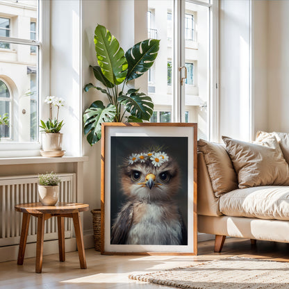 Majestic hawk with a delicate flower crown – printable digital wall art perfect for woodland nursery decor or baby room. Ideal gift for expecting moms. High-resolution JPGs in multiple sizes. A Dezinbazar original.