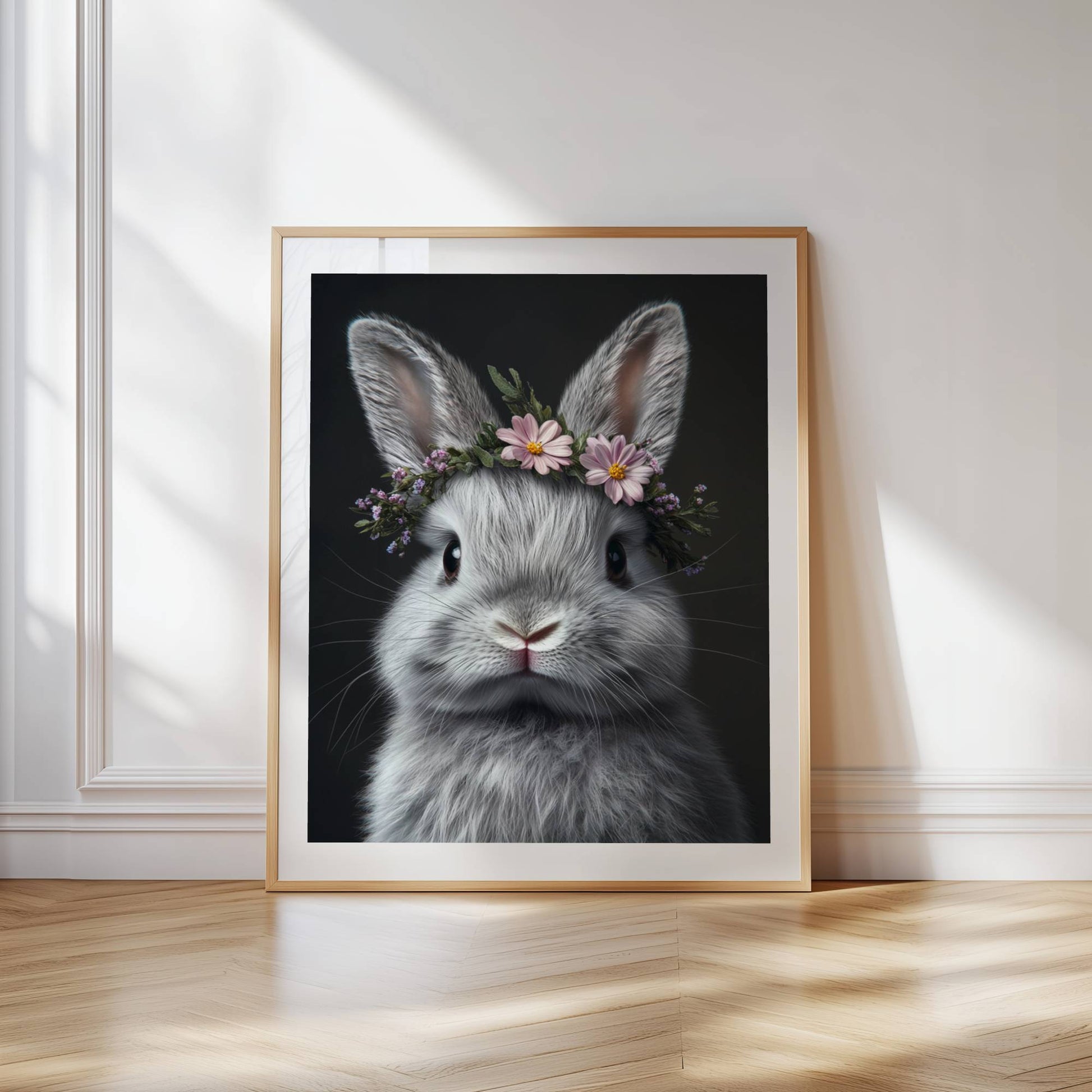 Adorable bunny wall art with a flower crown – this printable digital artwork is perfect for nursery decor, Easter themes, or as a gift. Includes high-resolution files in multiple sizes. The gentle expression and floral accents bring warmth and joy to any space. A unique Dezinbazar design for animal and nature lovers.