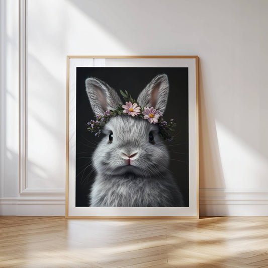 Adorable bunny wall art with a flower crown – this printable digital artwork is perfect for nursery decor, Easter themes, or as a gift. Includes high-resolution files in multiple sizes. The gentle expression and floral accents bring warmth and joy to any space. A unique Dezinbazar design for animal and nature lovers.