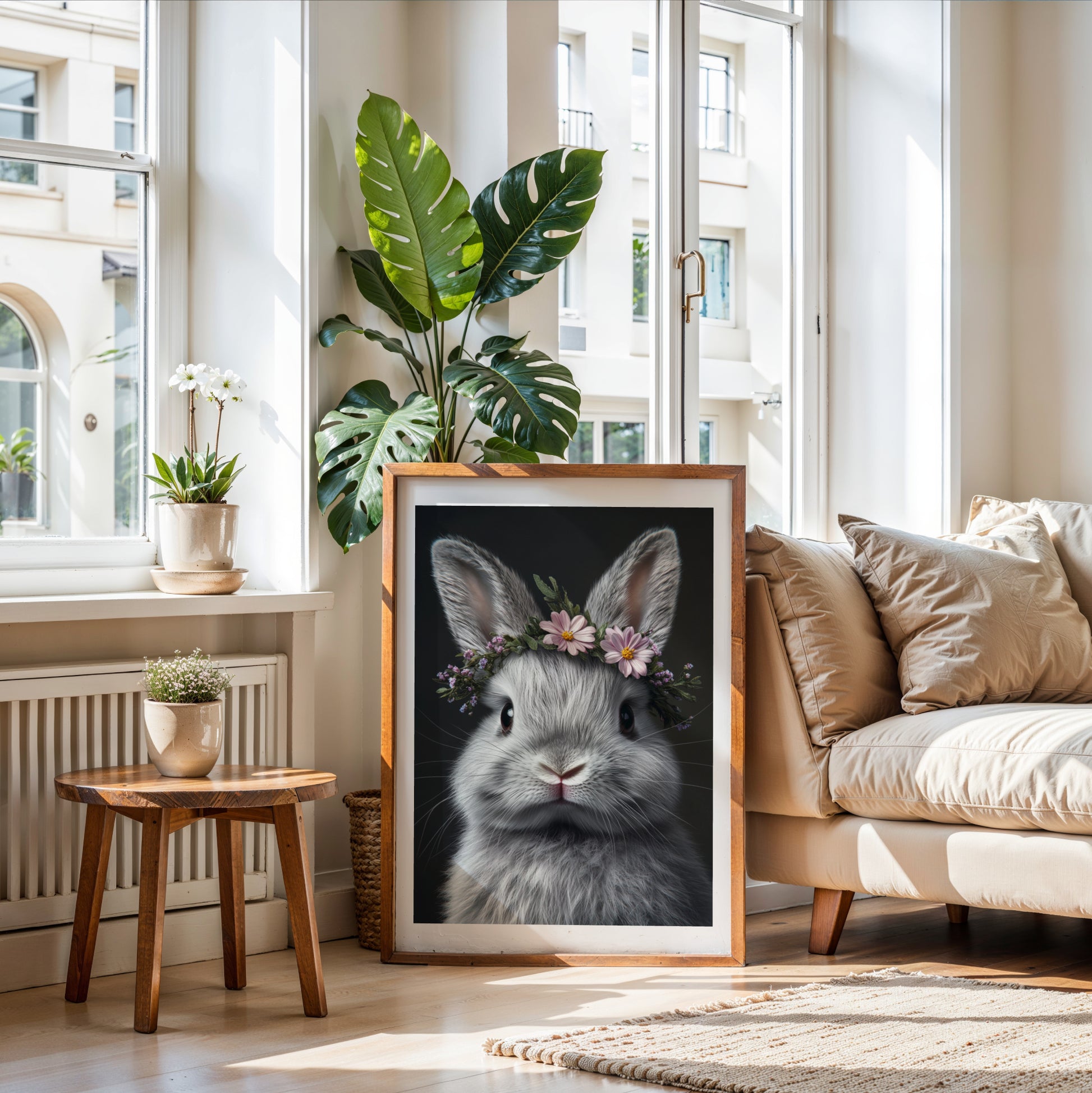 Adorable bunny wall art with a flower crown – this printable digital artwork is perfect for nursery decor, Easter themes, or as a gift. Includes high-resolution files in multiple sizes. The gentle expression and floral accents bring warmth and joy to any space. A unique Dezinbazar design for animal and nature lovers.