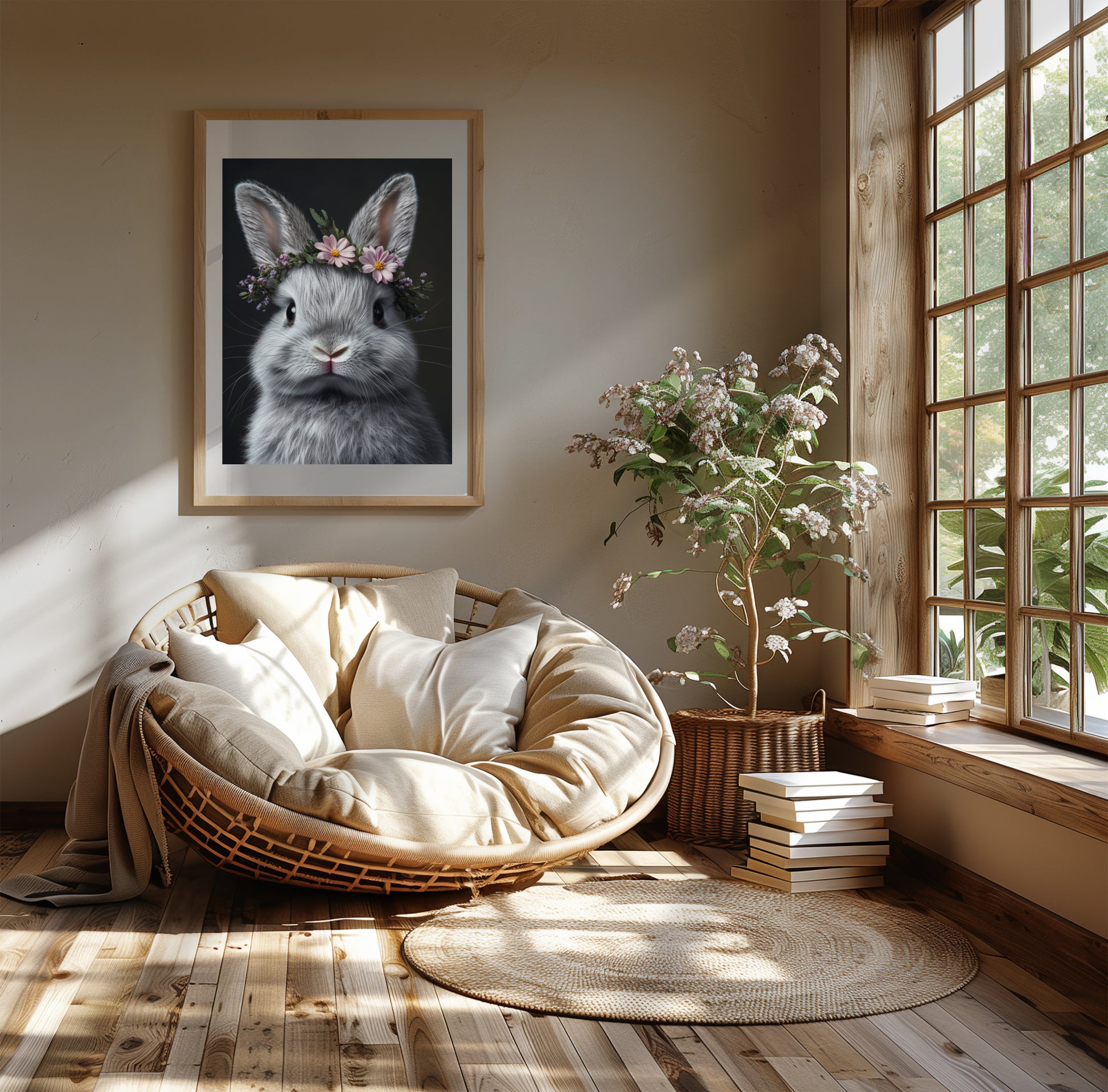 Adorable bunny wall art with a flower crown – this printable digital artwork is perfect for nursery decor, Easter themes, or as a gift. Includes high-resolution files in multiple sizes. The gentle expression and floral accents bring warmth and joy to any space. A unique Dezinbazar design for animal and nature lovers.