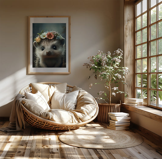 Adorable baby hedgehog with flower crown – printable woodland nursery wall art. Perfect for nature-themed baby rooms, bathrooms or kids' spaces. Includes high-res JPGs in 4 formats. A sweet and gentle design by Dezinbazar.