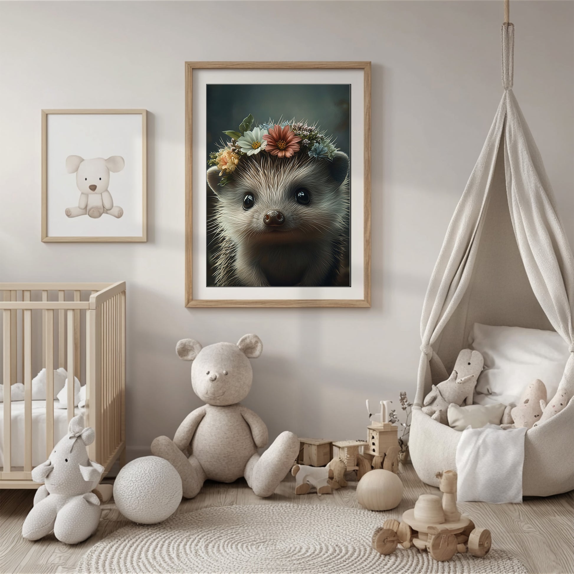 Adorable baby hedgehog with flower crown – printable woodland nursery wall art. Perfect for nature-themed baby rooms, bathrooms or kids' spaces. Includes high-res JPGs in 4 formats. A sweet and gentle design by Dezinbazar.