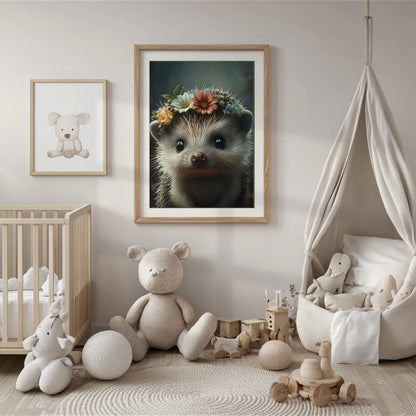 Adorable baby hedgehog with flower crown – printable woodland nursery wall art. Perfect for nature-themed baby rooms, bathrooms or kids' spaces. Includes high-res JPGs in 4 formats. A sweet and gentle design by Dezinbazar.