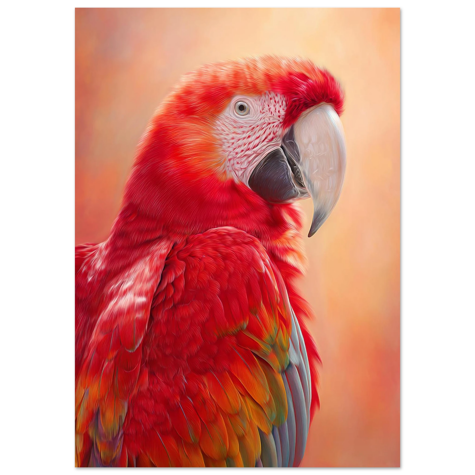 High-quality Ara parrot wall art with vibrant red feathers and a glowing warm orange background. Printed on 200 gsm semi-glossy FSC-certified paper, this tropical bird poster adds bold color to nurseries, bathrooms or beach-style interiors. Available in A4–A0 and standard sizes like 30×40 cm and 50×70 cm. A perfect gift for bird lovers and exotic art fans. Be proud. Be kind. Be wild – by Dezinbazar.