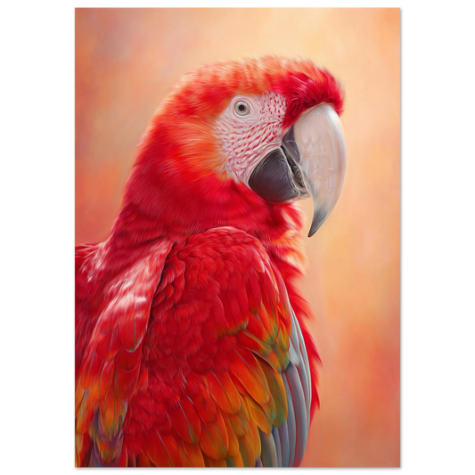 High-quality Ara parrot wall art with vibrant red feathers and a glowing warm orange background. Printed on 200 gsm semi-glossy FSC-certified paper, this tropical bird poster adds bold color to nurseries, bathrooms or beach-style interiors. Available in A4–A0 and standard sizes like 30×40 cm and 50×70 cm. A perfect gift for bird lovers and exotic art fans. Be proud. Be kind. Be wild – by Dezinbazar.