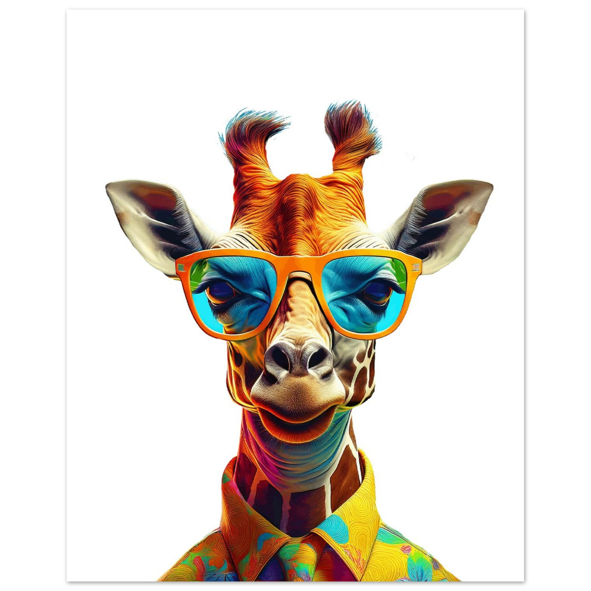 High-quality giraffe poster featuring a cool safari animal wearing sunglasses – perfect for decorating nurseries, kids rooms or stylish living rooms. Printed on premium 200 gsm semi-glossy FSC-certified paper in various sizes from A4 to A0 and 30×40 to 50×70 cm. Fits standard frames from IKEA. A fun gift idea for animal lovers and modern families. Be proud. Be kind. Be wild – by Dezinbazar.