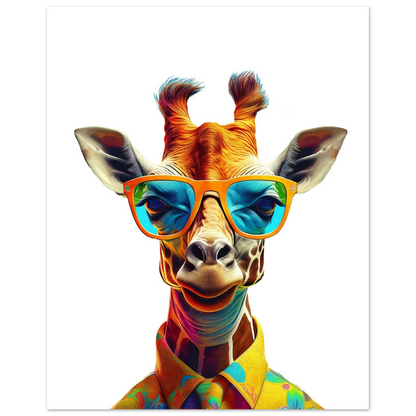 High-quality giraffe poster featuring a cool safari animal wearing sunglasses – perfect for decorating nurseries, kids rooms or stylish living rooms. Printed on premium 200 gsm semi-glossy FSC-certified paper in various sizes from A4 to A0 and 30×40 to 50×70 cm. Fits standard frames from IKEA. A fun gift idea for animal lovers and modern families. Be proud. Be kind. Be wild – by Dezinbazar.