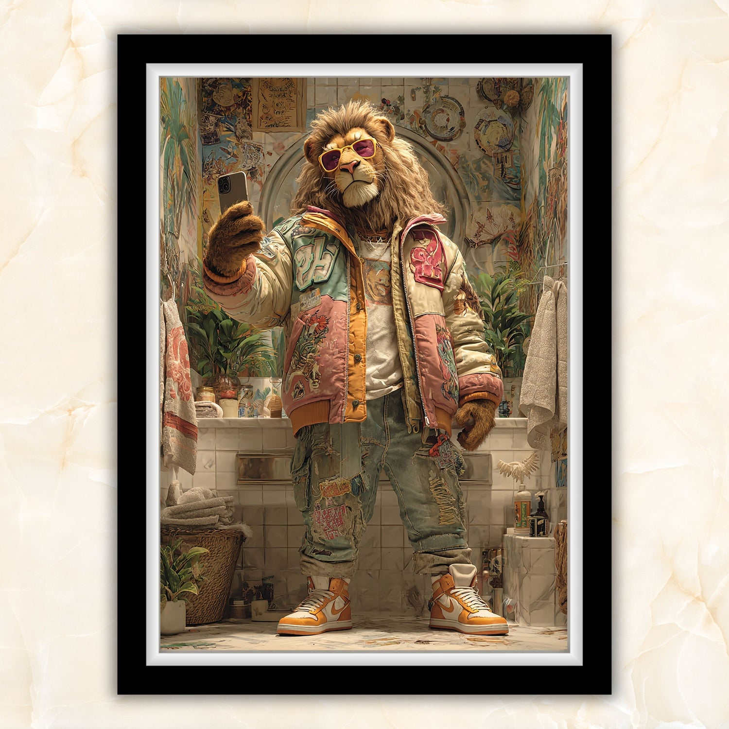 Funny lion wall art in colorful streetwear style, perfect as printable wall art for bathroom, nursery, or urban interiors. High-resolution digital print, ideal gift for animal lovers and modern home decor. Multiple sizes included, easy to print and frame. Be proud. Be kind. Be wild – by Dezinbazar