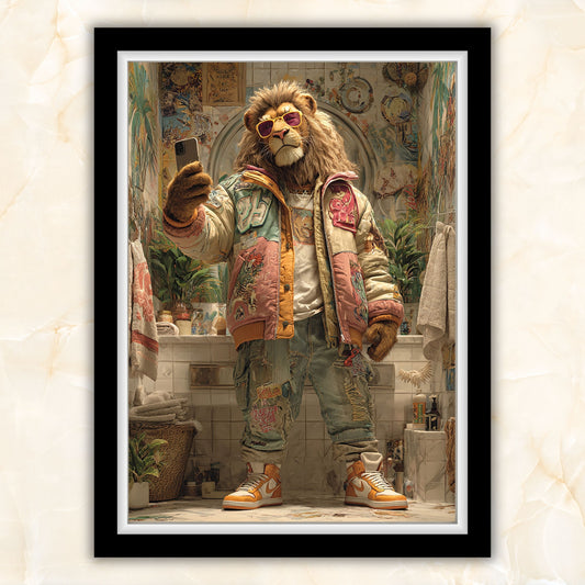 Funny lion wall art in colorful streetwear style, perfect as printable wall art for bathroom, nursery, or urban interiors. High-resolution digital print, ideal gift for animal lovers and modern home decor. Multiple sizes included, easy to print and frame. Be proud. Be kind. Be wild – by Dezinbazar