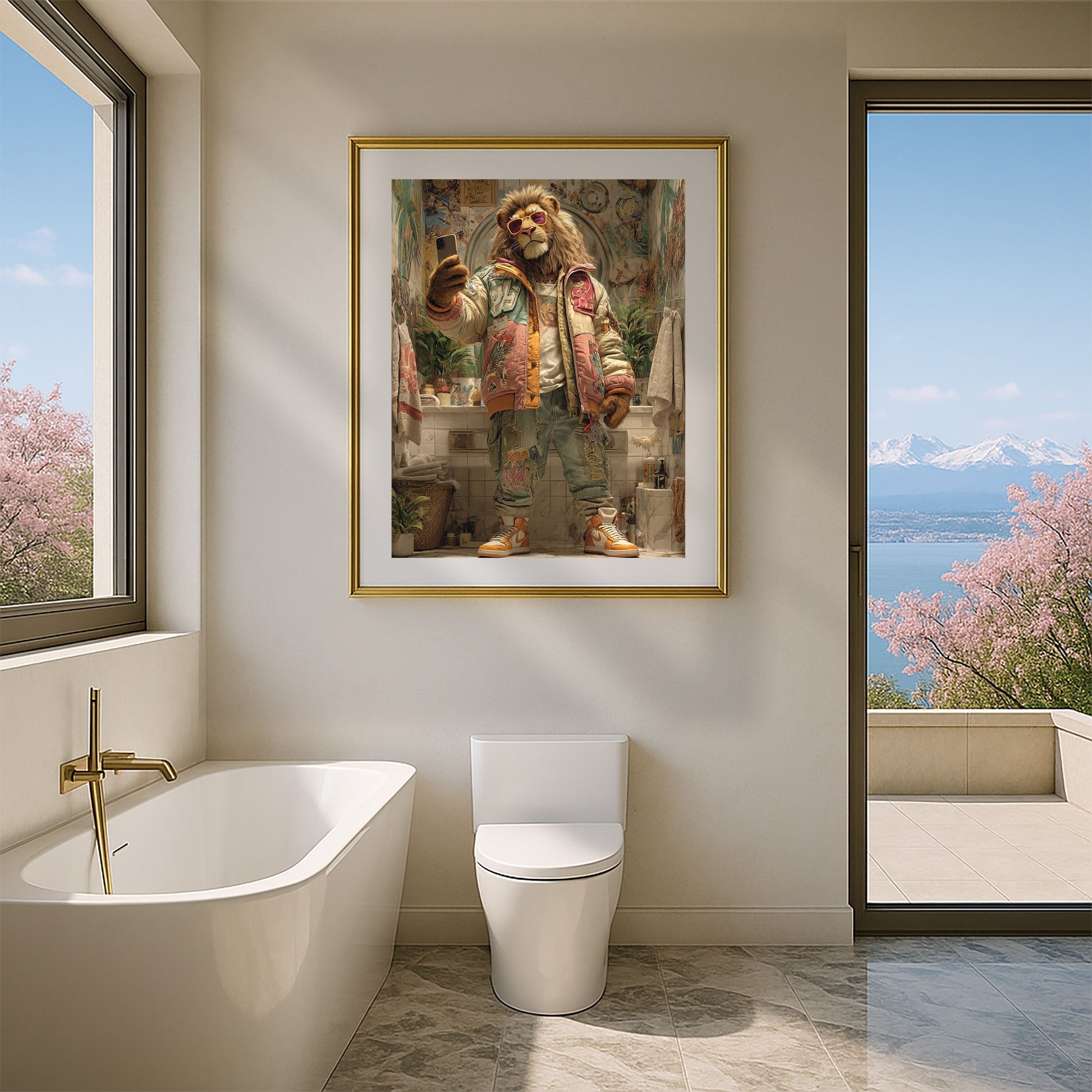 Funny lion poster in colorful streetwear style, printed on premium 200 gsm semi-glossy FSC-certified paper. Vibrant yet soft tones bring a modern jungle king vibe to your walls, perfect for bathroom, living room, or nursery decor. Available in multiple poster sizes from A4 to A0, plus 30×40 cm, 40×50 cm, and 50×70 cm – designed to fit IKEA frames such as RIBBA, LOMVIKEN, and HOVSTA. A sustainable wall art choice, made to order. Be proud. Be kind. Be wild – by Dezinbazar.