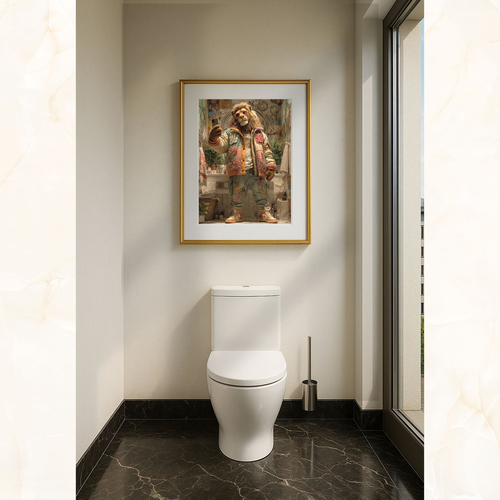 Funny lion poster in colorful streetwear style, printed on premium 200 gsm semi-glossy FSC-certified paper. Vibrant yet soft tones bring a modern jungle king vibe to your walls, perfect for bathroom, living room, or nursery decor. Available in multiple poster sizes from A4 to A0, plus 30×40 cm, 40×50 cm, and 50×70 cm – designed to fit IKEA frames such as RIBBA, LOMVIKEN, and HOVSTA. A sustainable wall art choice, made to order. Be proud. Be kind. Be wild – by Dezinbazar.