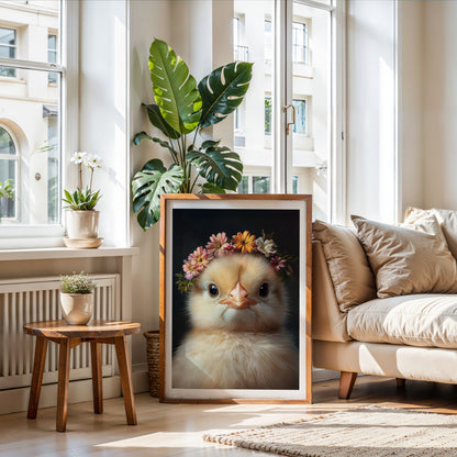 Adorable baby chick with flower crown – high-resolution printable wall art for Easter, spring or farm-themed nursery decor. This digital artwork comes in multiple sizes and adds warmth, softness and seasonal charm to any room. A sweet and gentle Dezinbazar design, ideal as a gift for newborns, animal lovers or parents-to-be. Instant download, ready to print at home or professionally.