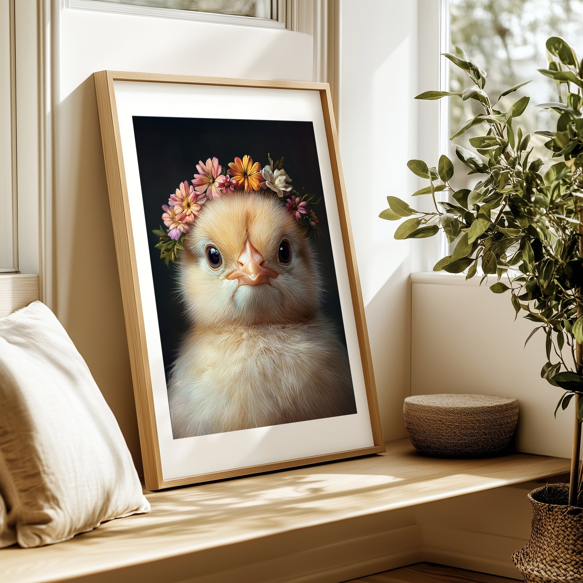 Adorable baby chick with flower crown – high-resolution printable wall art for Easter, spring or farm-themed nursery decor. This digital artwork comes in multiple sizes and adds warmth, softness and seasonal charm to any room. A sweet and gentle Dezinbazar design, ideal as a gift for newborns, animal lovers or parents-to-be. Instant download, ready to print at home or professionally.