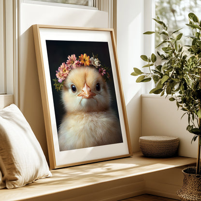 Adorable baby chick with flower crown – high-resolution printable wall art for Easter, spring or farm-themed nursery decor. This digital artwork comes in multiple sizes and adds warmth, softness and seasonal charm to any room. A sweet and gentle Dezinbazar design, ideal as a gift for newborns, animal lovers or parents-to-be. Instant download, ready to print at home or professionally.