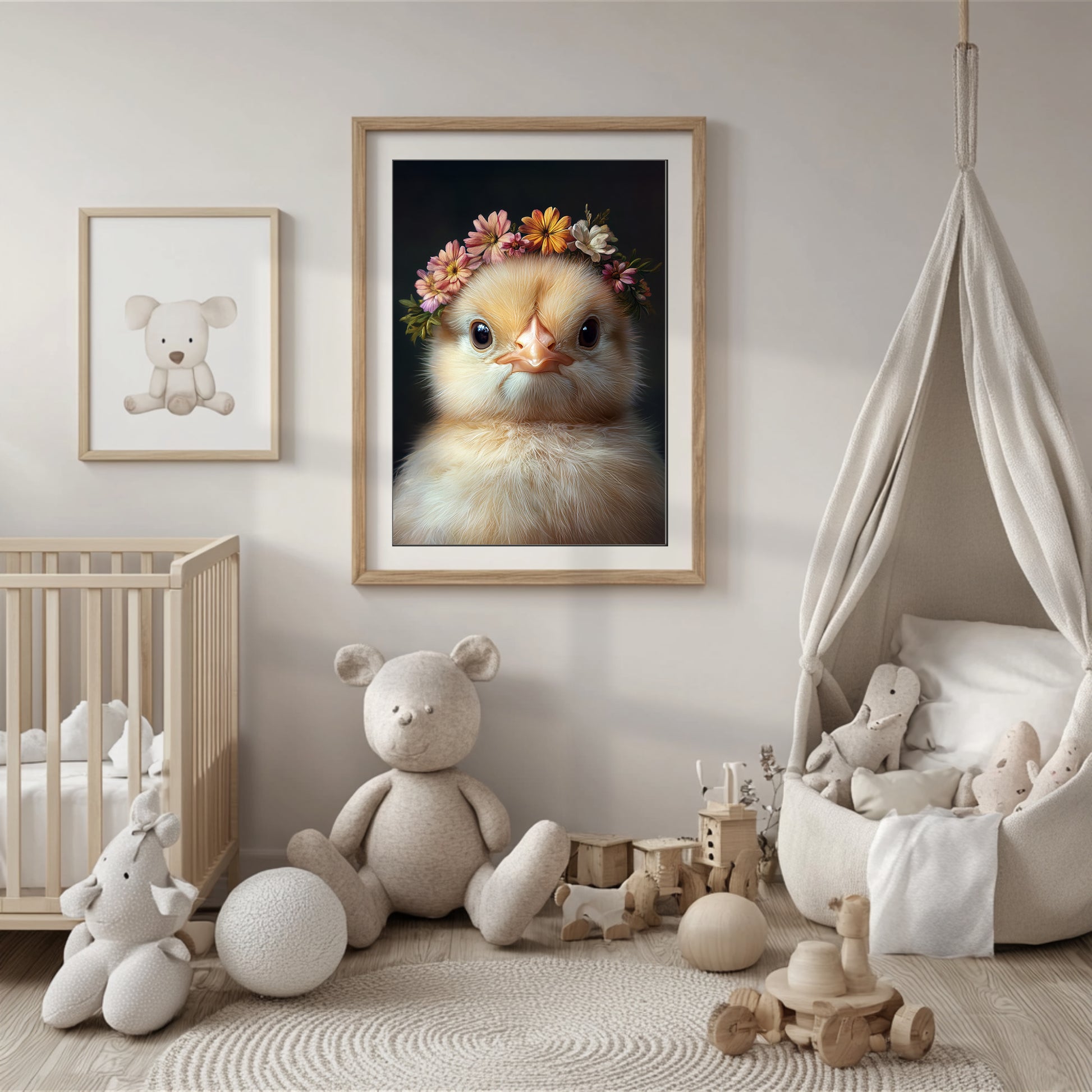 Adorable baby chick with flower crown – high-resolution printable wall art for Easter, spring or farm-themed nursery decor. This digital artwork comes in multiple sizes and adds warmth, softness and seasonal charm to any room. A sweet and gentle Dezinbazar design, ideal as a gift for newborns, animal lovers or parents-to-be. Instant download, ready to print at home or professionally.