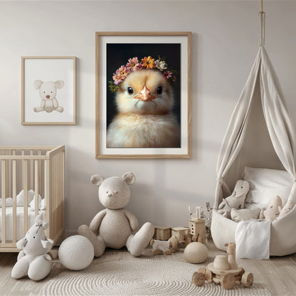 Adorable baby chick with flower crown – high-resolution printable wall art for Easter, spring or farm-themed nursery decor. This digital artwork comes in multiple sizes and adds warmth, softness and seasonal charm to any room. A sweet and gentle Dezinbazar design, ideal as a gift for newborns, animal lovers or parents-to-be. Instant download, ready to print at home or professionally.