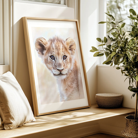 Cute baby lion cub digital print with soft pastel background. Perfect for safari nurseries, kids rooms or as a baby shower gift. High-resolution JPG file (300 DPI), printable in DIN sizes A5 to A0 and standard formats like 30×40 cm and 50×70 cm. Gentle safari decor for calm, nature-themed interiors. Instant download. Be proud. Be kind. Be wild – by Dezinbazar.