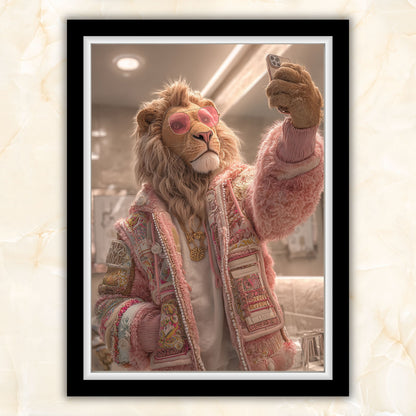Funny lion bathroom wall art print featuring a stylish lion taking a selfie in a modern bathroom. Perfect high-resolution digital download for bathroom wall art, jungle animal decor, or funny home decoration. Includes DIN A5–A0, 4:5, 3:4, and 30×40/50×70 cm sizes for easy printing.