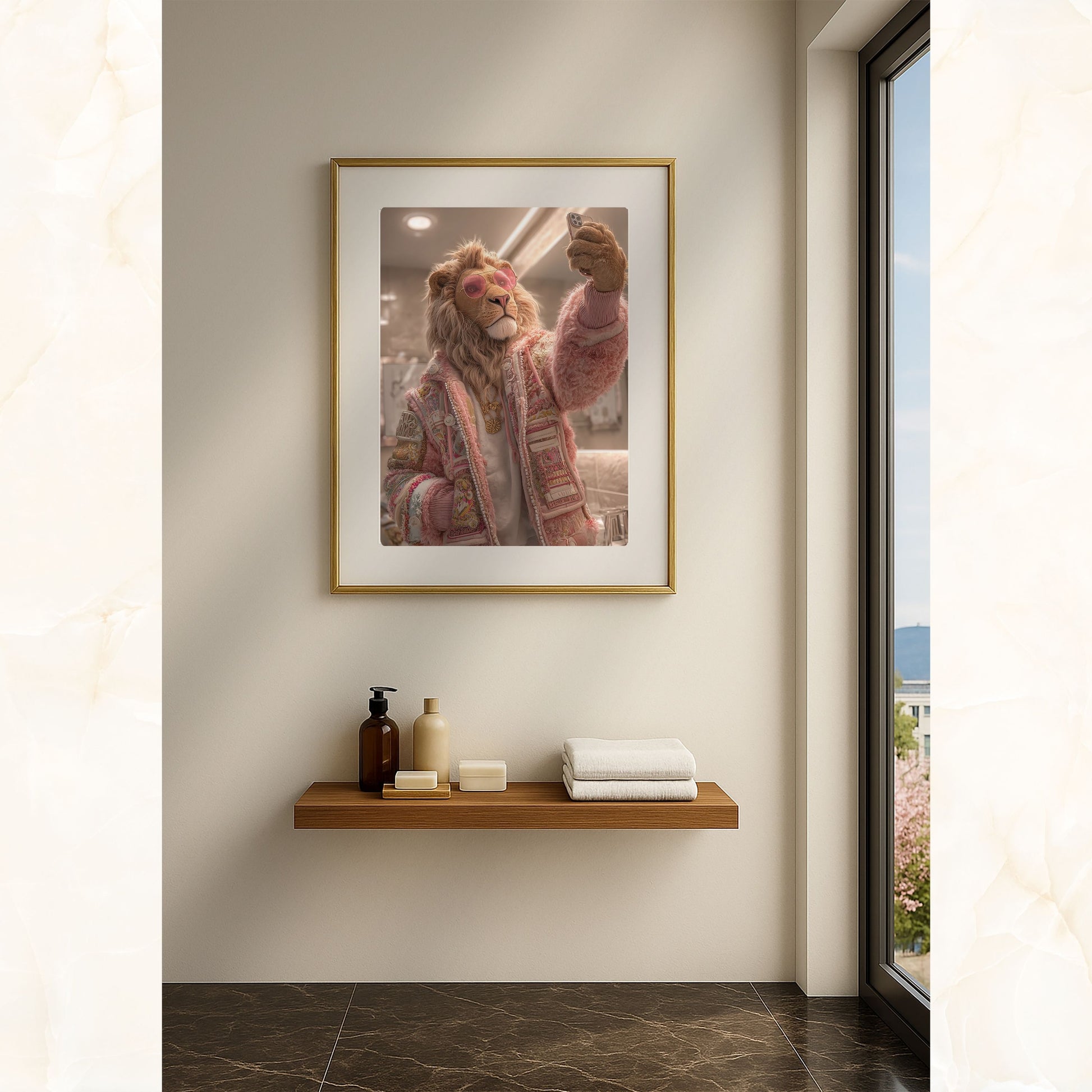Funny lion bathroom wall art print featuring a stylish lion taking a selfie in a modern bathroom. Perfect high-resolution digital download for bathroom wall art, jungle animal decor, or funny home decoration. Includes DIN A5–A0, 4:5, 3:4, and 30×40/50×70 cm sizes for easy printing.