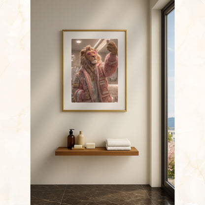 Funny lion bathroom wall art print featuring a stylish lion taking a selfie in a modern bathroom. Perfect high-resolution digital download for bathroom wall art, jungle animal decor, or funny home decoration. Includes DIN A5–A0, 4:5, 3:4, and 30×40/50×70 cm sizes for easy printing.
